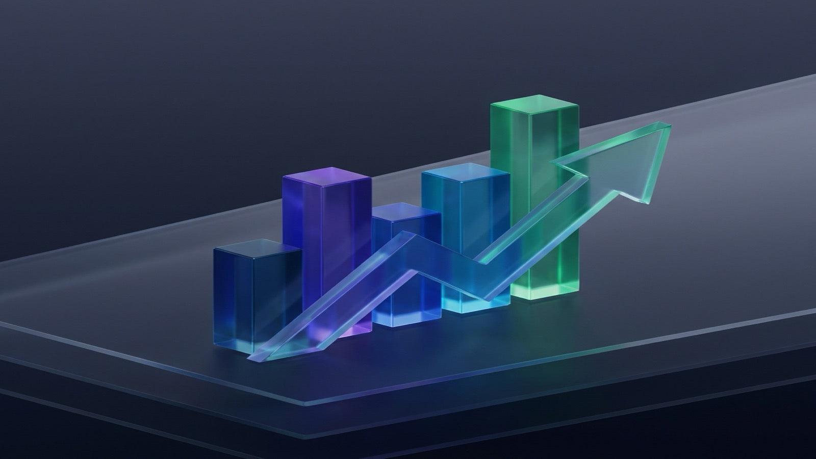 3D analytics chart with upward trend arrow on dark background.