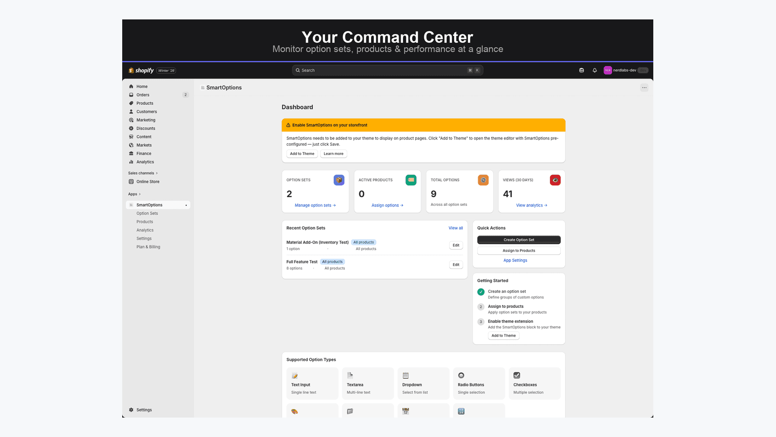 SmartOptions dashboard with stats and option sets