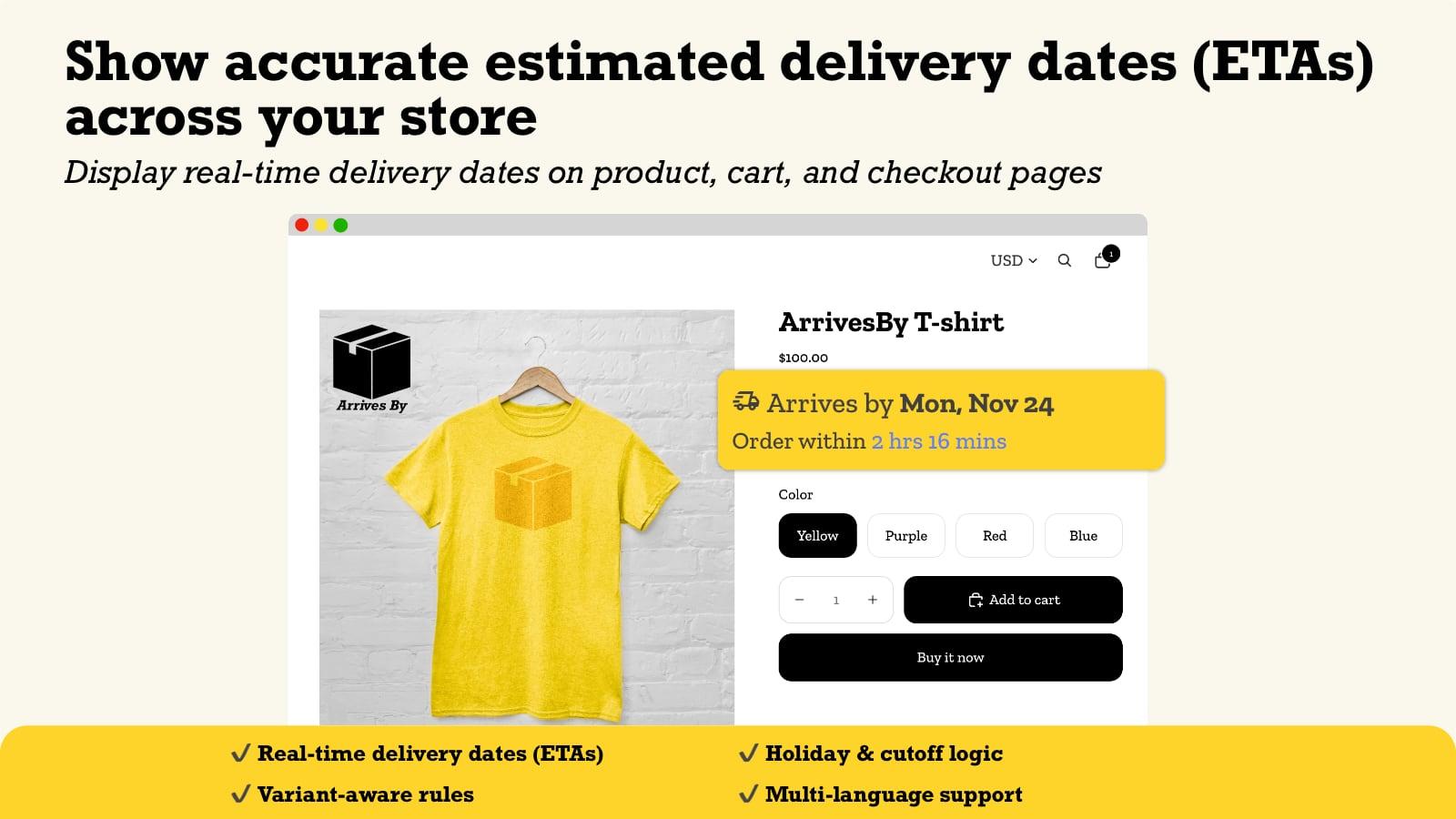 Show accurate estimated delivery dates (ETAs) across your store