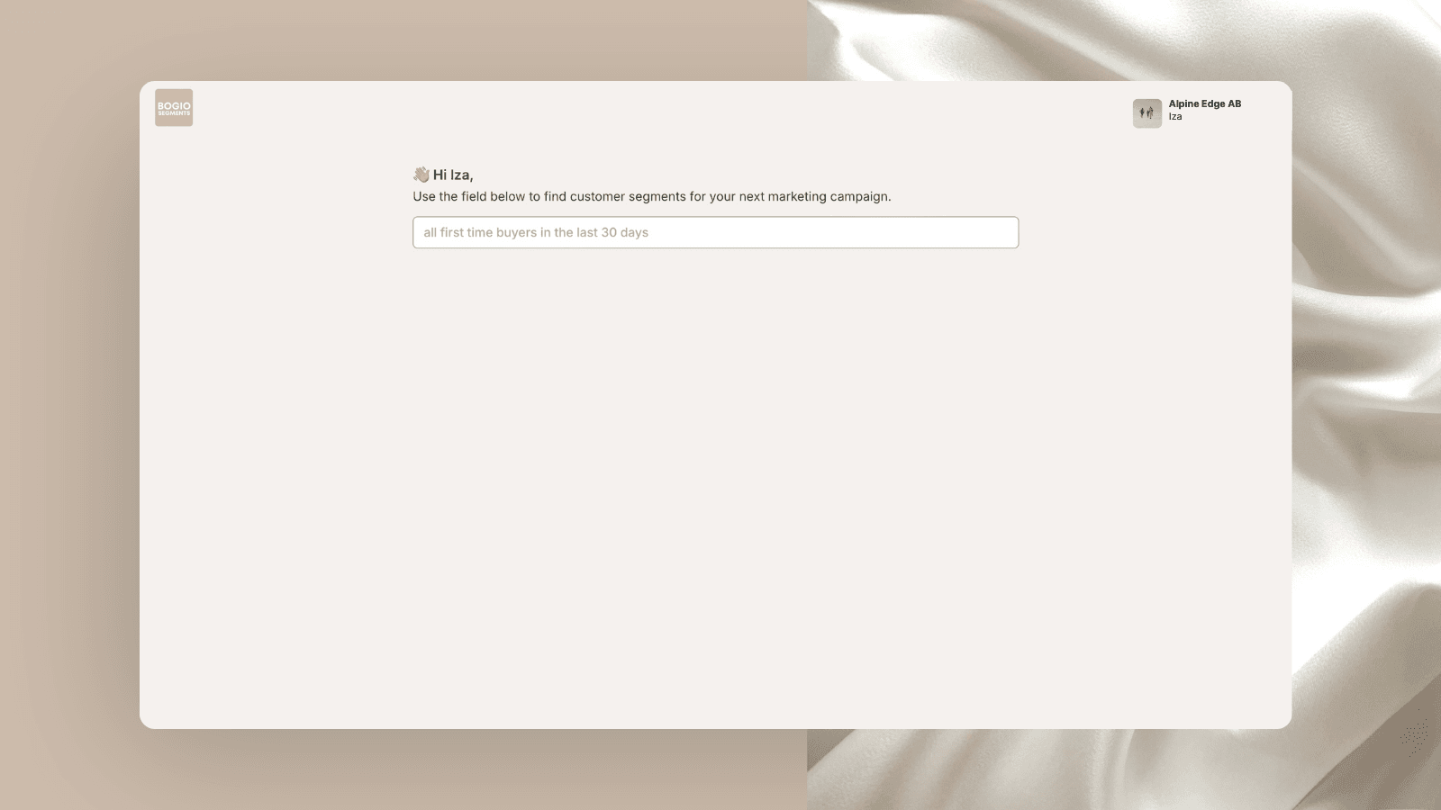 BOGIO Segment app interface with text input for customer segment