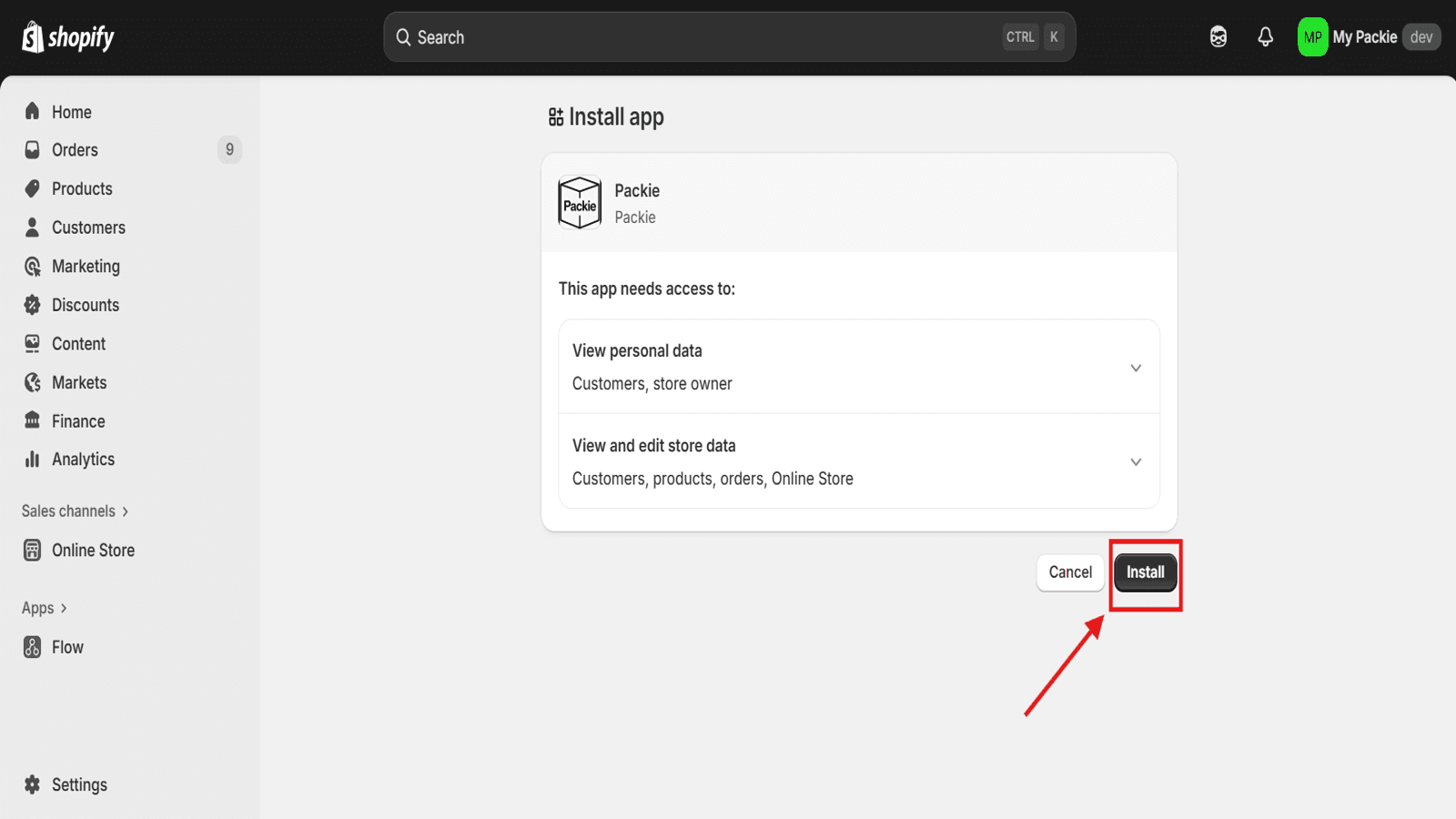 Install the Packie app from your Shopify store