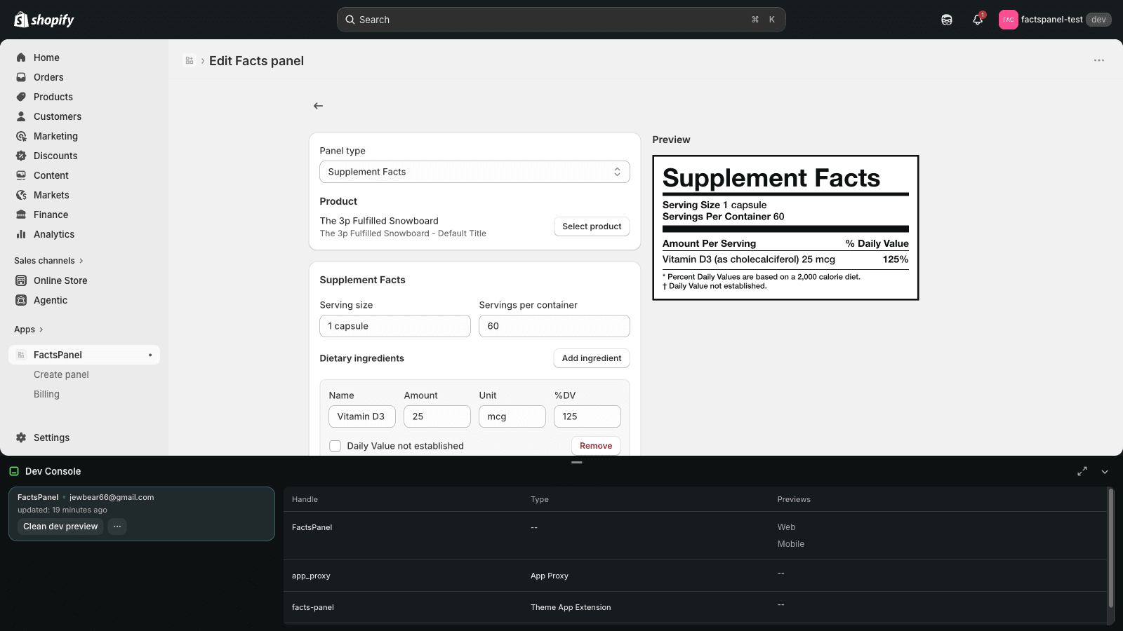 FactsPanel editor showing a Supplement Facts panel being built i