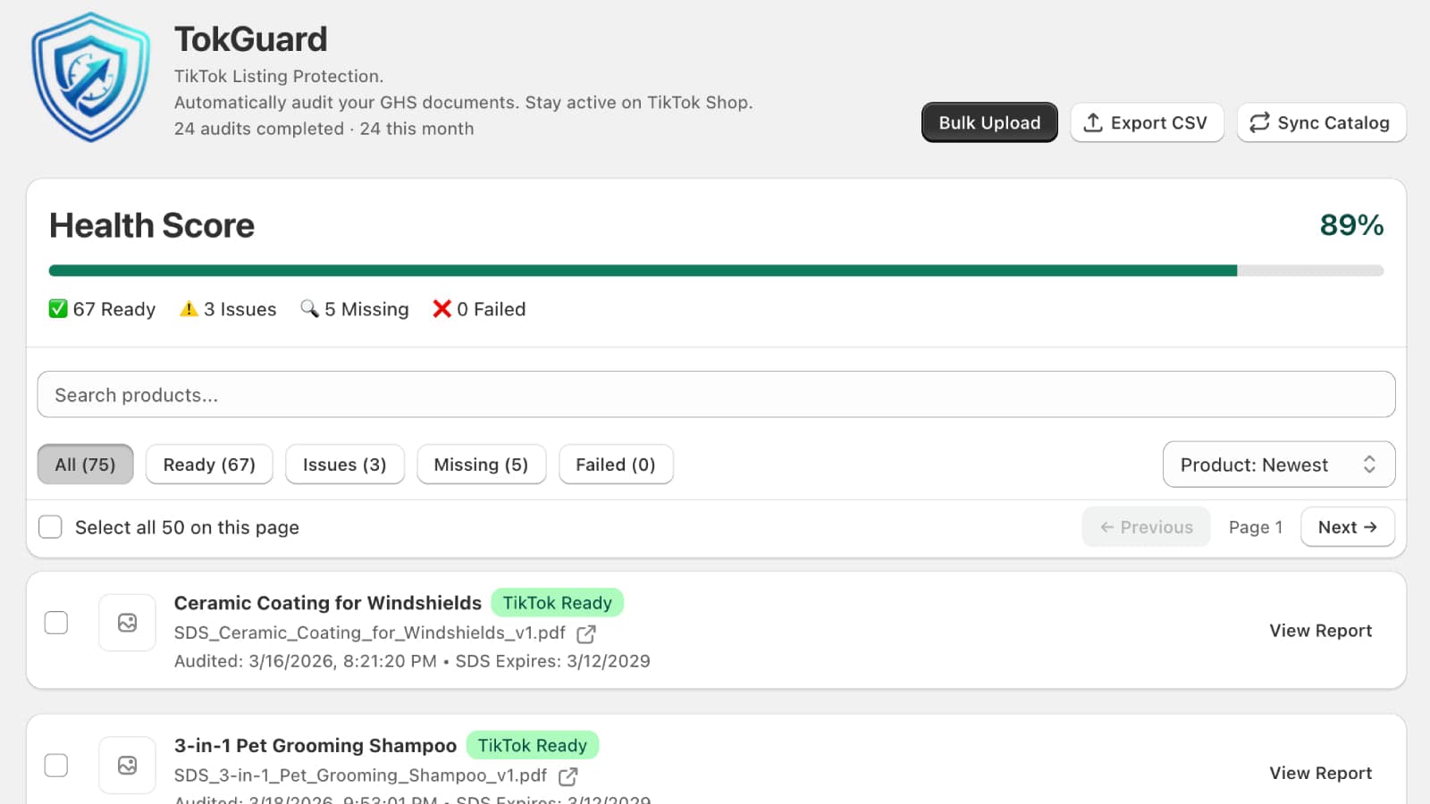 TokGuard dashboard & tiktok shop listing health status