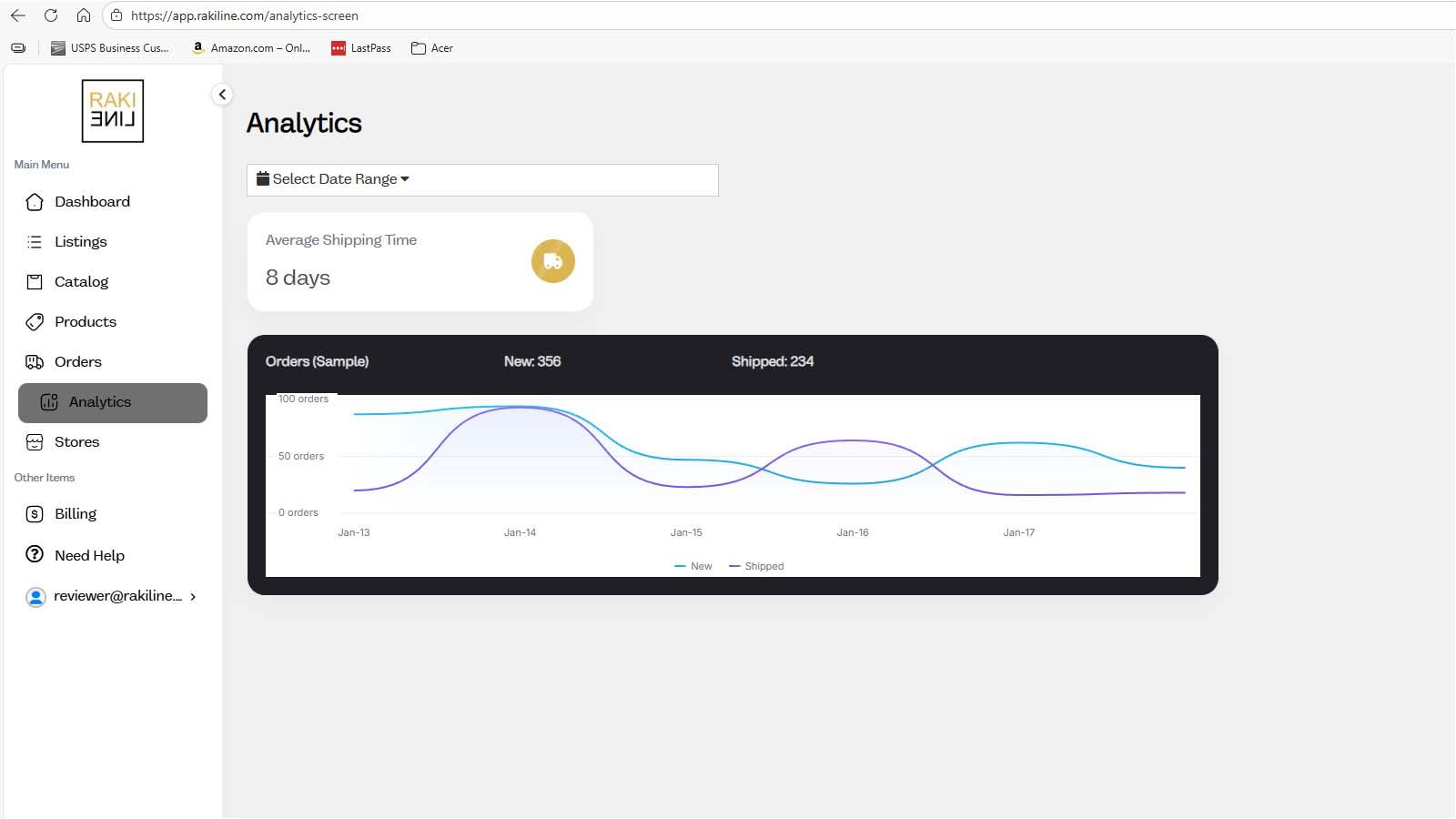 Rakiline app dashboard showing apparel and embroidery fulfillmen