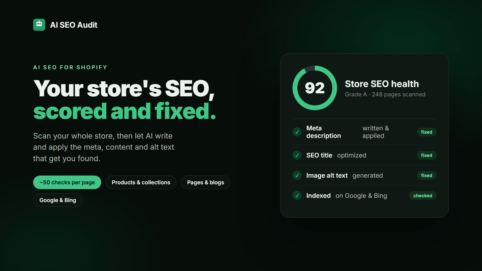 SEO Audit catalog dashboard with SEO health score and checks