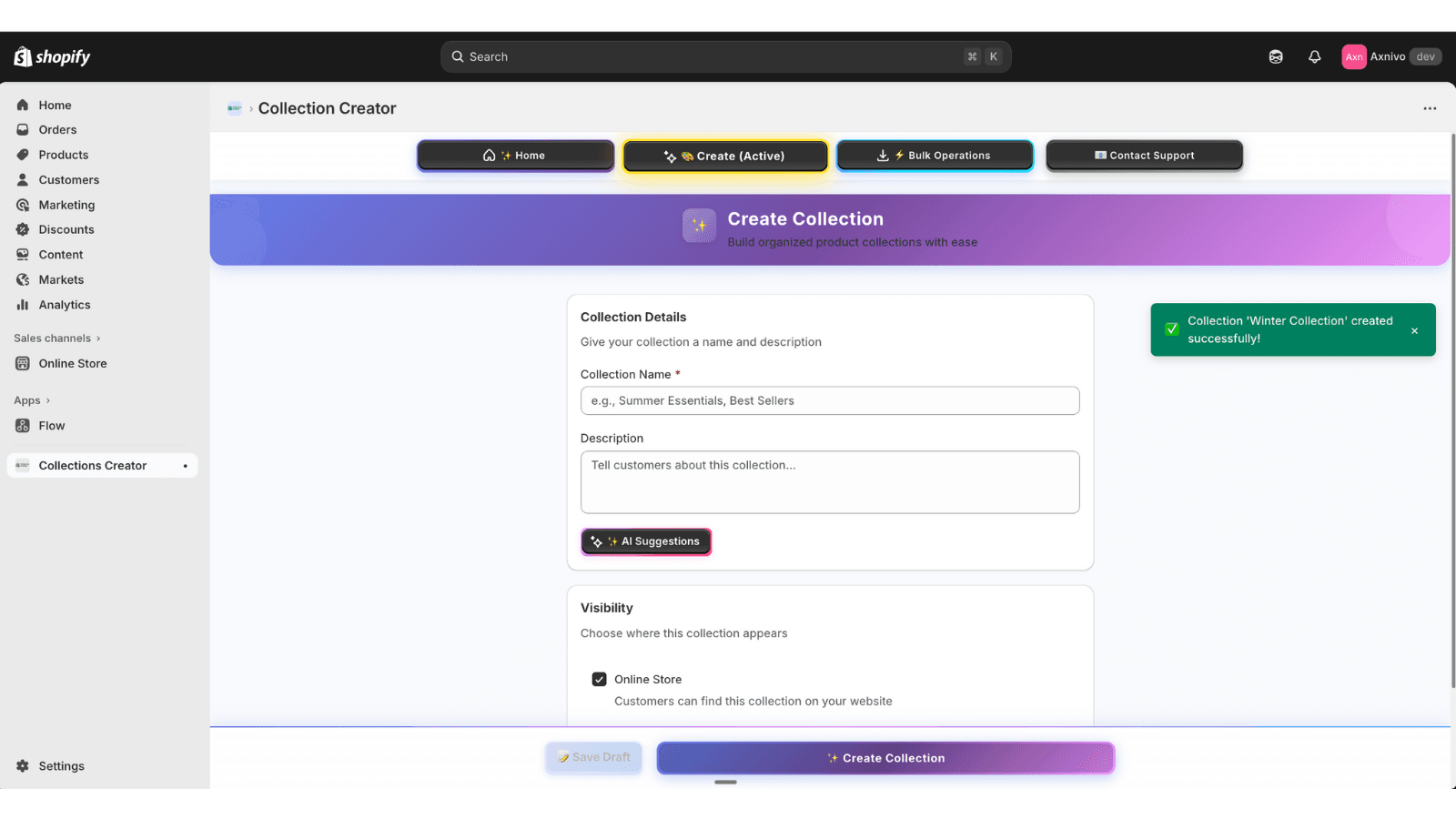 Creating collections without admin restrictions interface