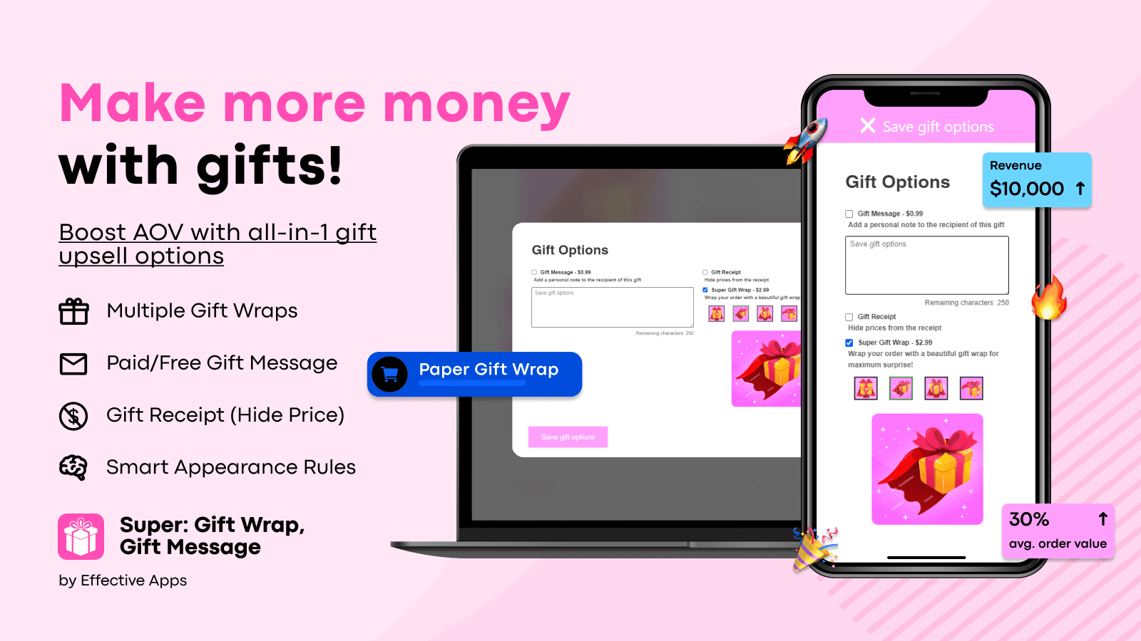Gift options upsell shown pre-checkout to increase AOV & revenue