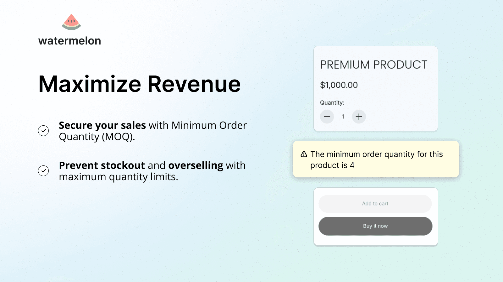 Watermelon showing a snowboard product with a minimum quantity