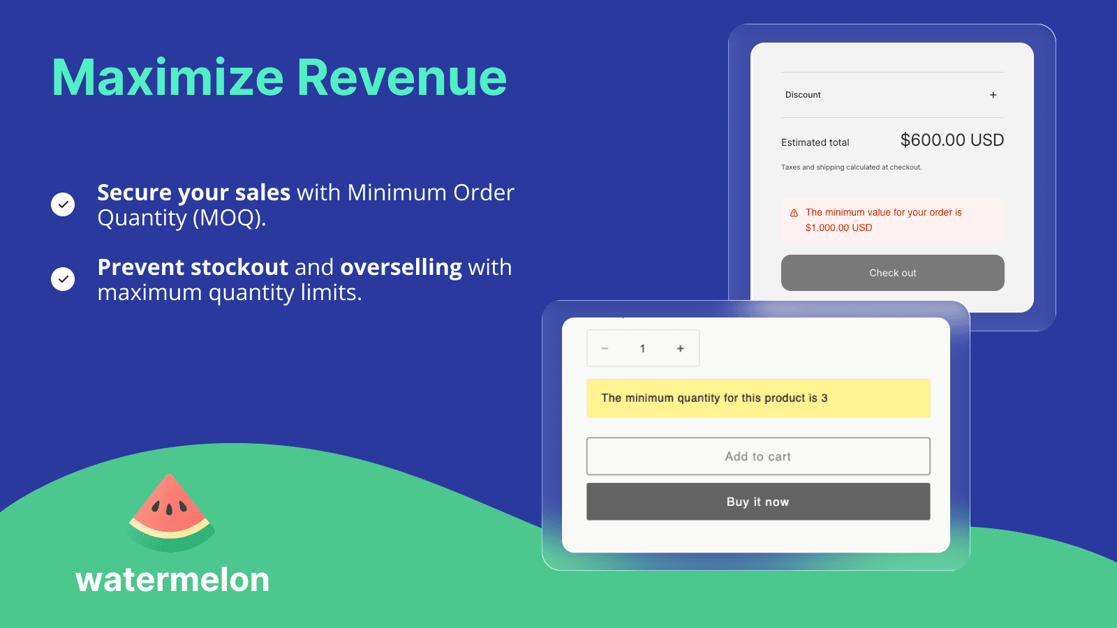 Watermelon showing a snowboard product with a minimum quantity