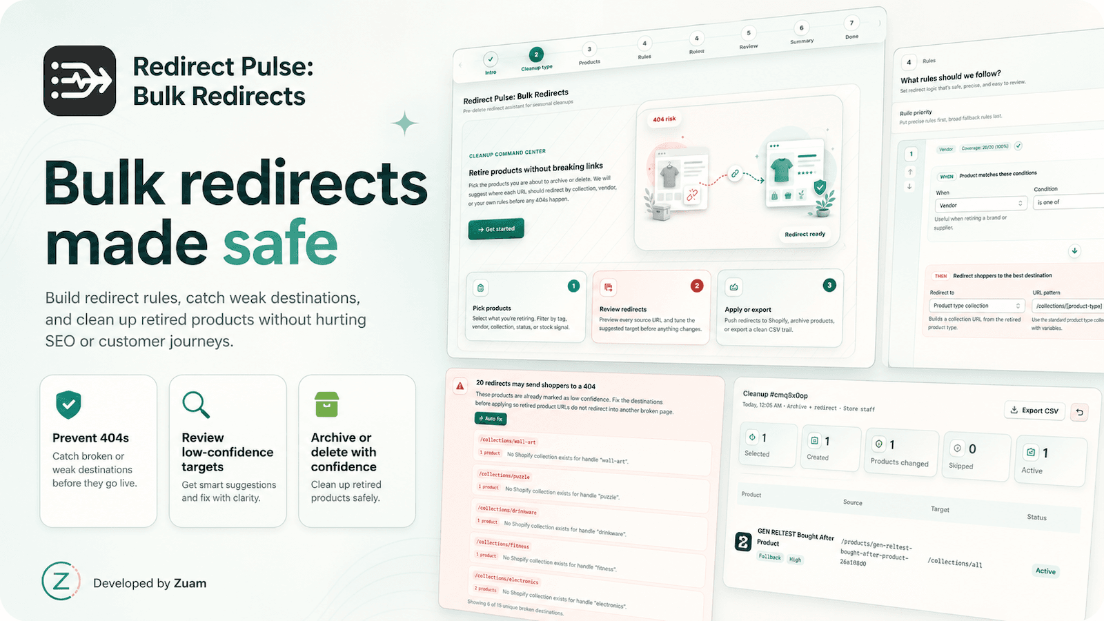Merchant dashboard showing products being retired and redirected