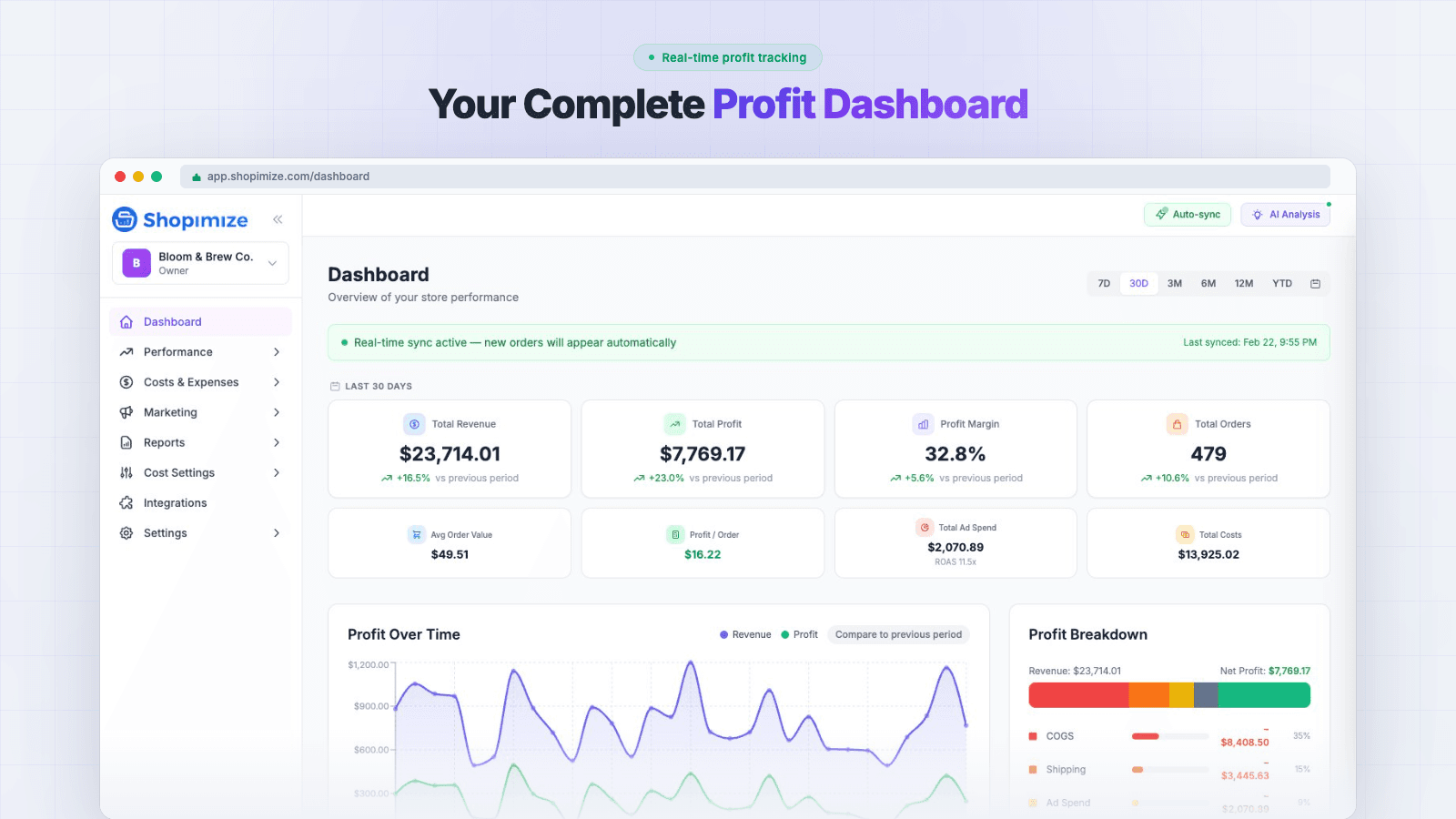 Shopimize profit and margin analytics