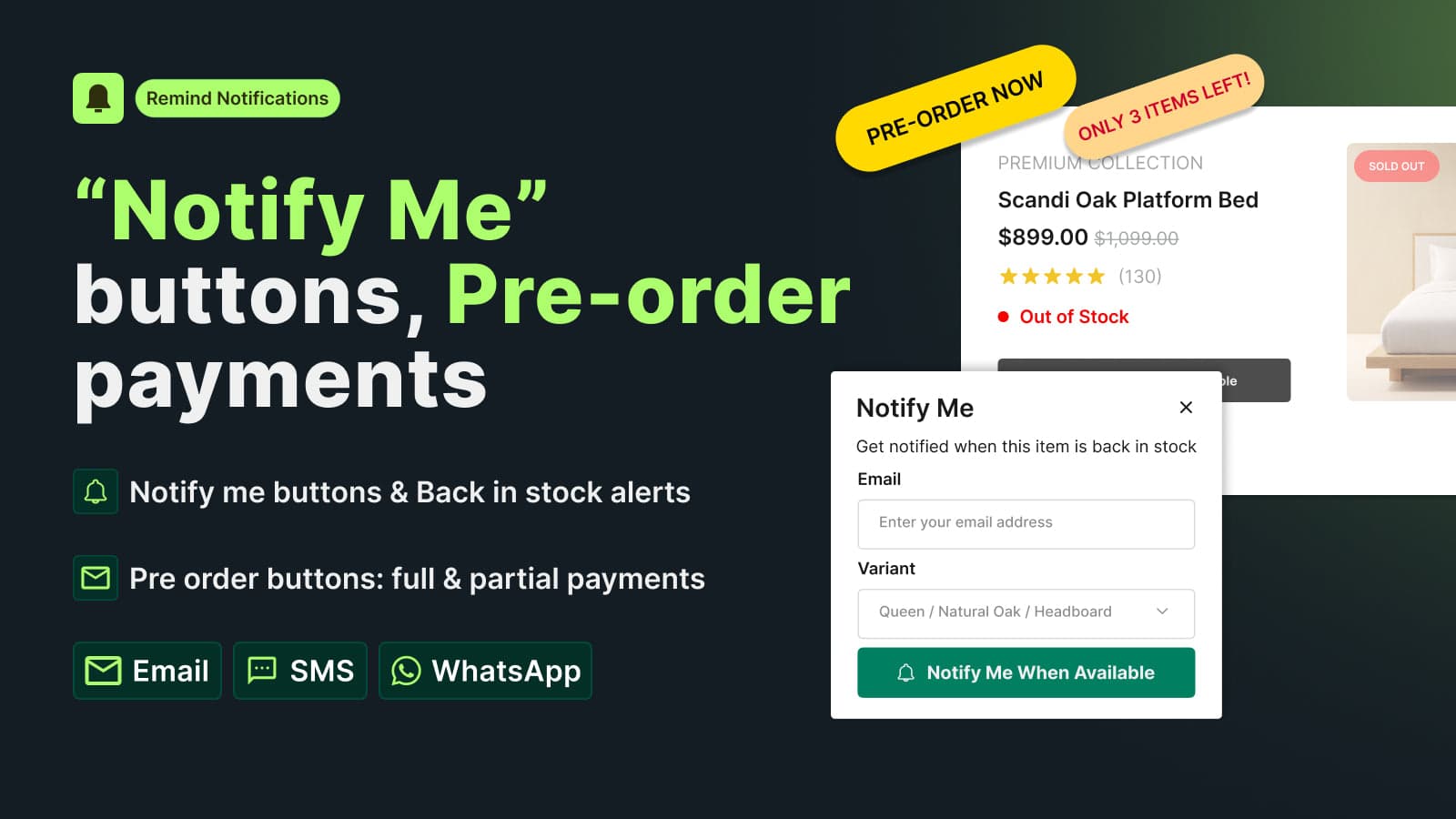 Whatsapp alerts, pre-order now, Notify me Back in stock alert