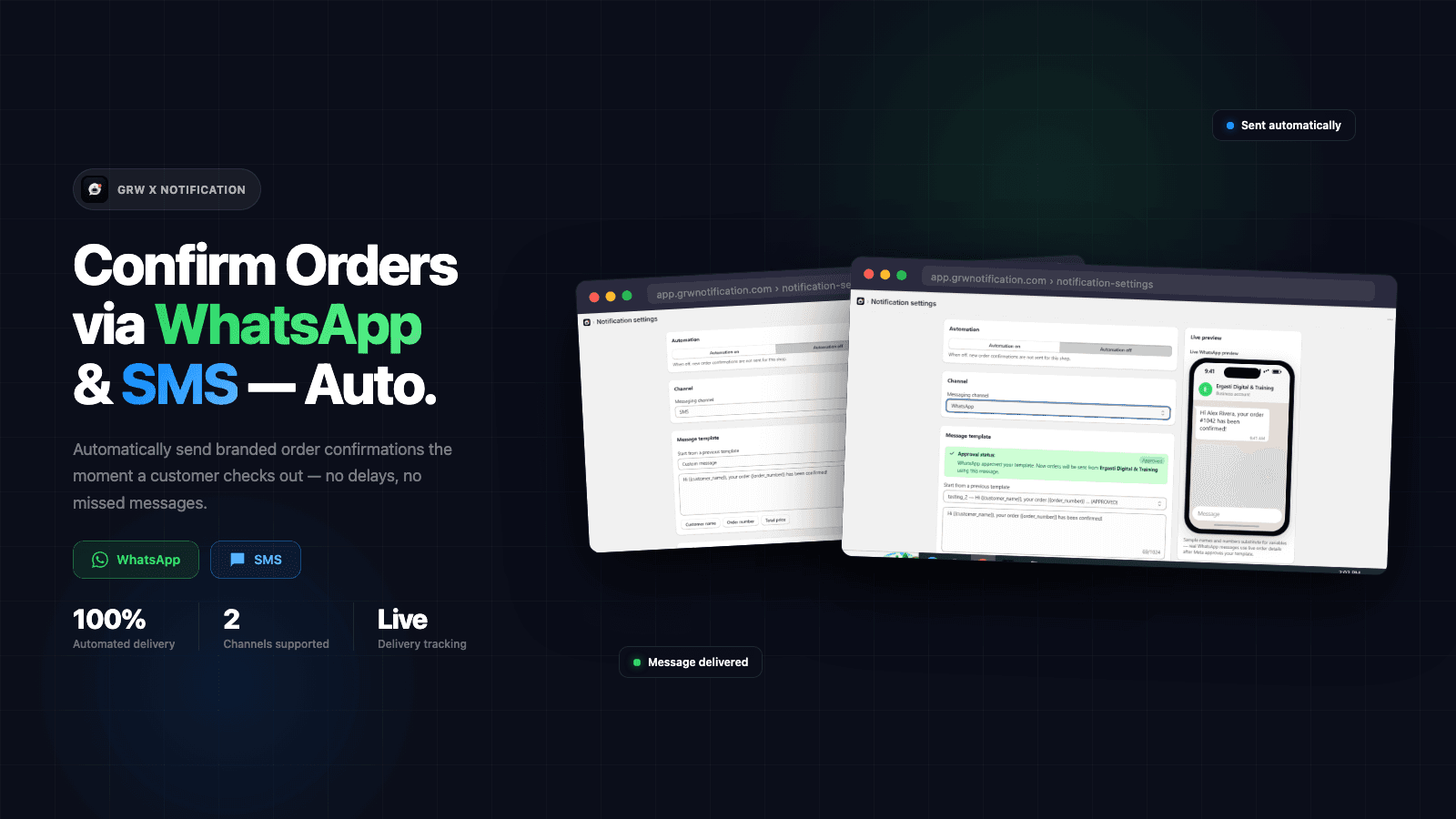 Automated SMS and WhatsApp order confirmations in Shopify admin