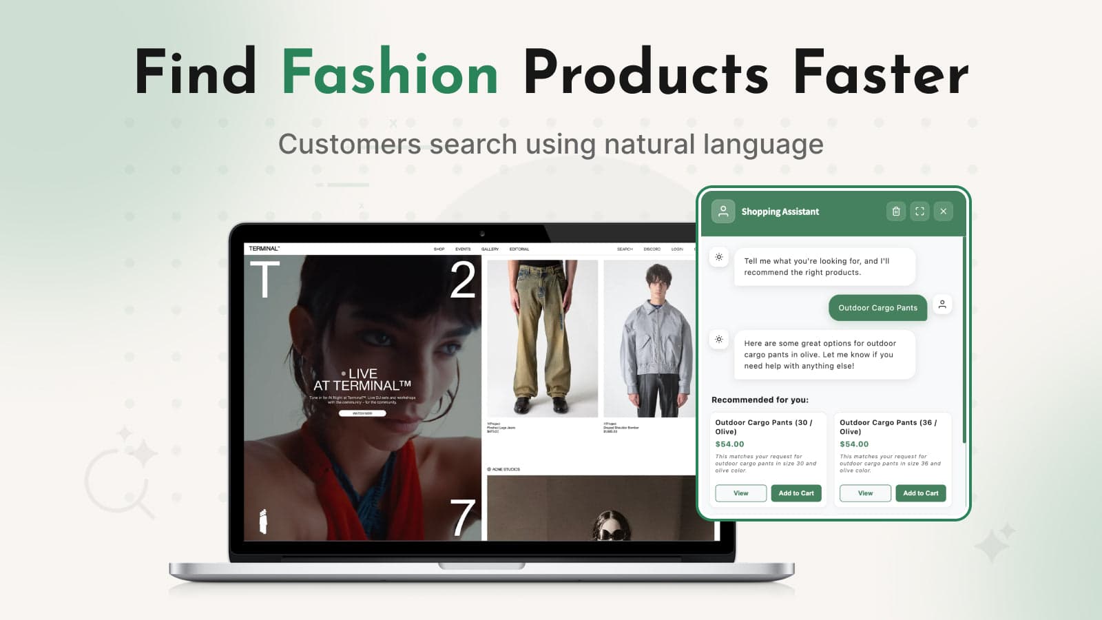 AI fashion search showing hoodies under $80 in chat