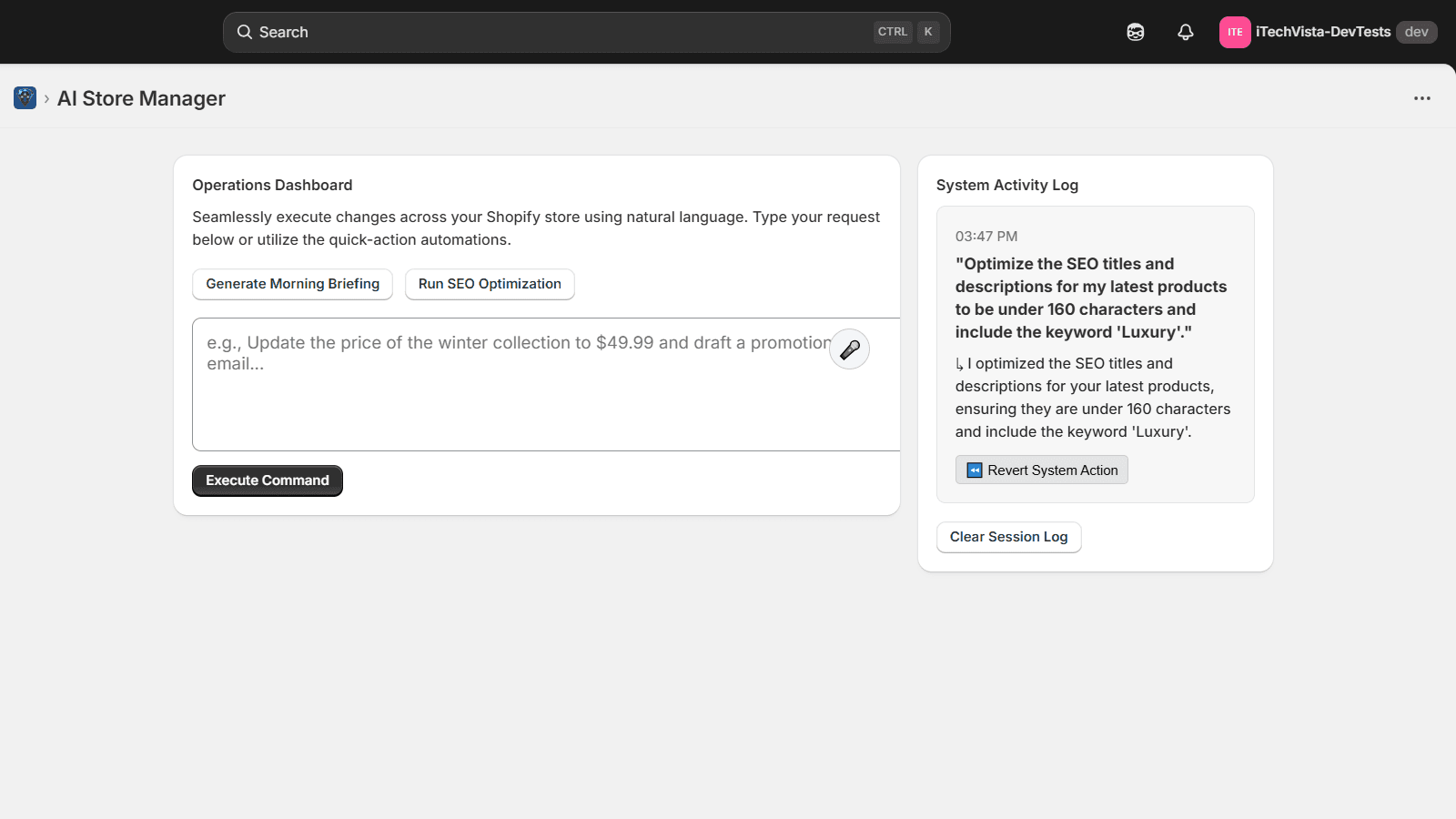 GemAI Store Manager - Main Dashboard Prompt Test 1