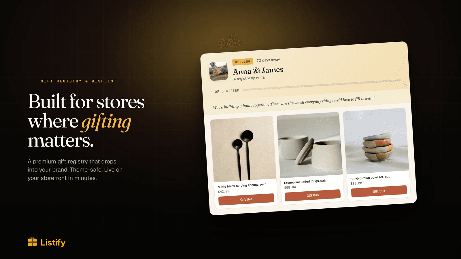 Storefront gift registry page on a wedding store, ready to share