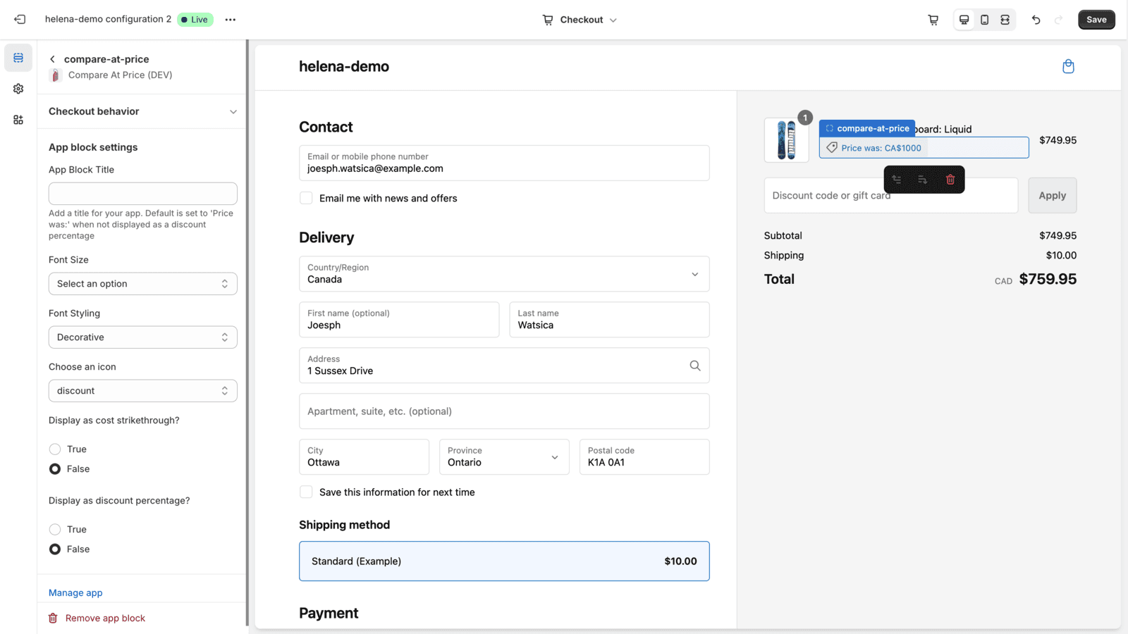 Showing all the admin settings and app in the checkout UI