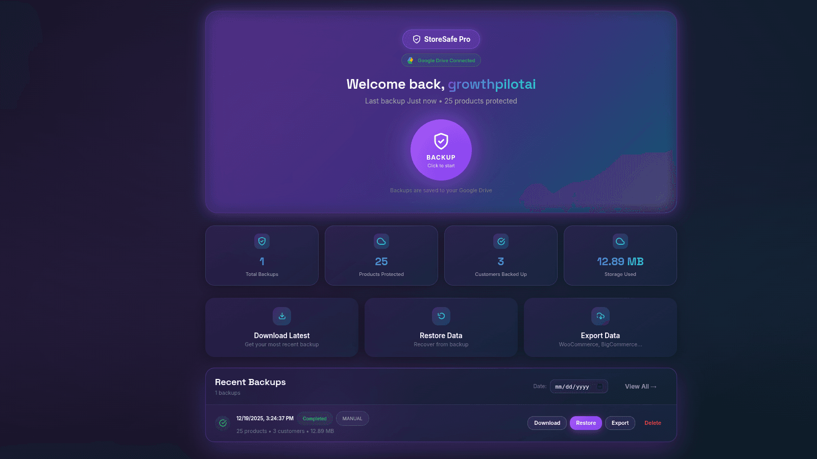 Main Screen Dashboard
