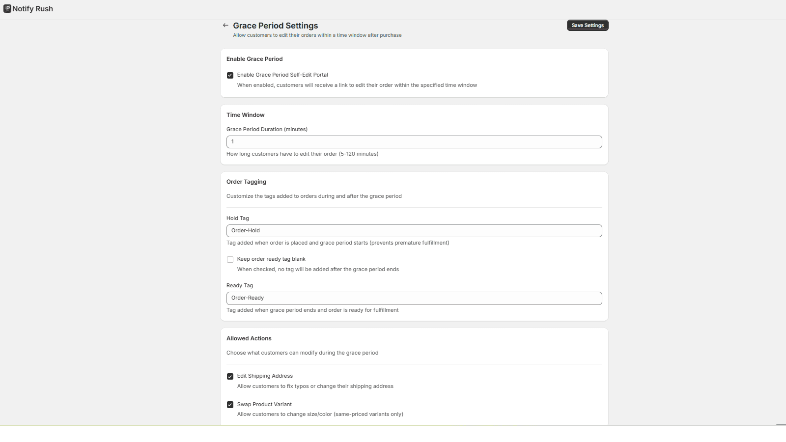 Shopify order edit grace period settings with auto-tagging