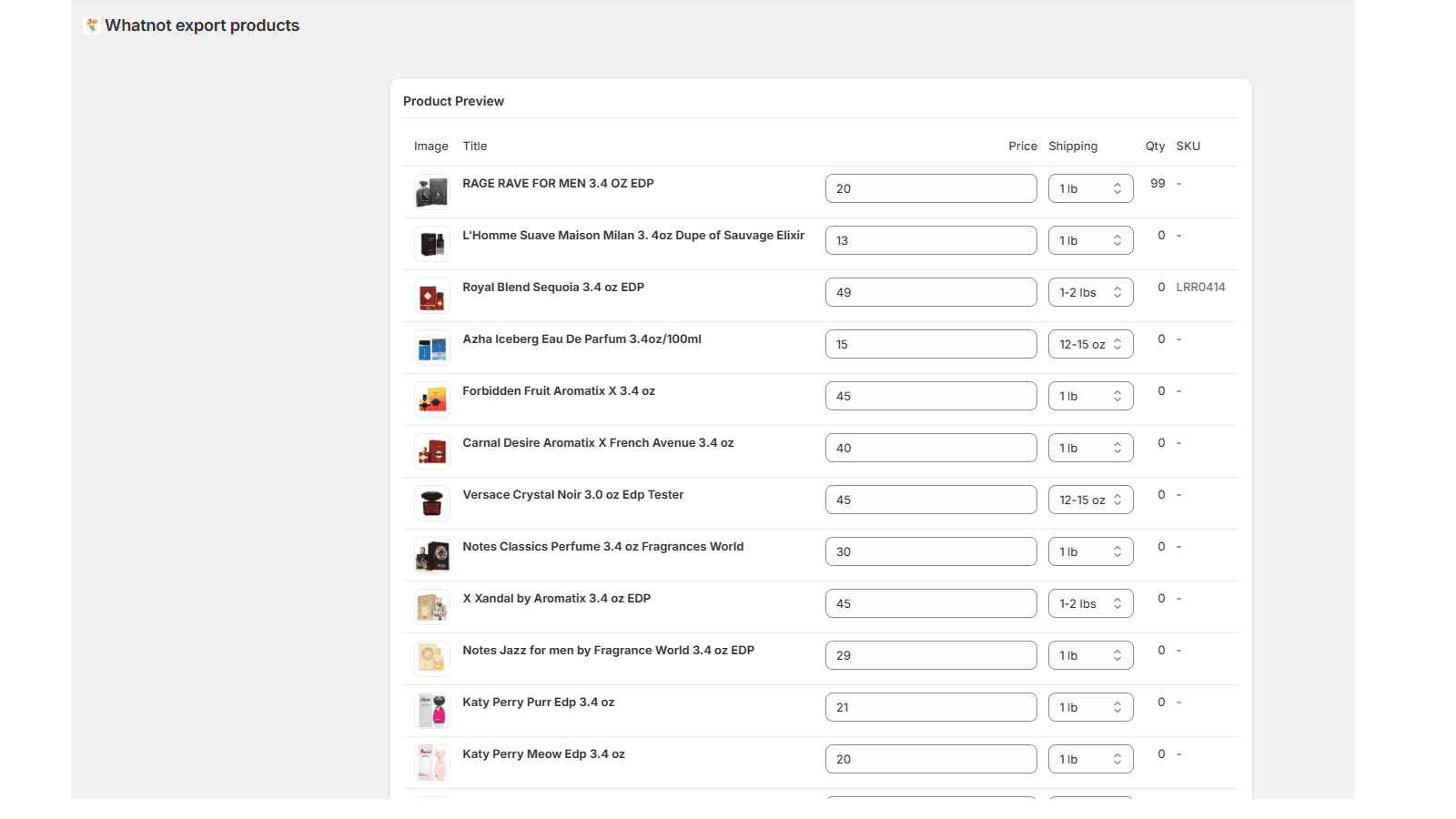 Preview of products to export