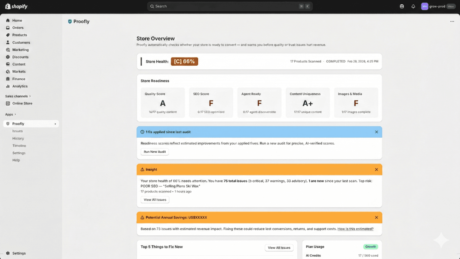 Store Readiness dashboard with health score and AI insights