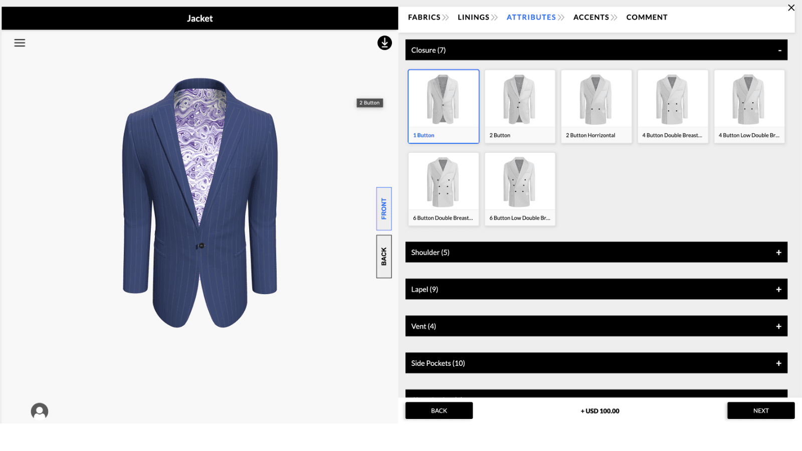 3D Configurator Dashboard for Custom Jacket Design Options