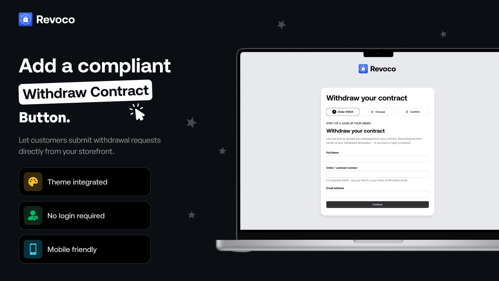 Revoco withdrawal button and three-step form on a storefront