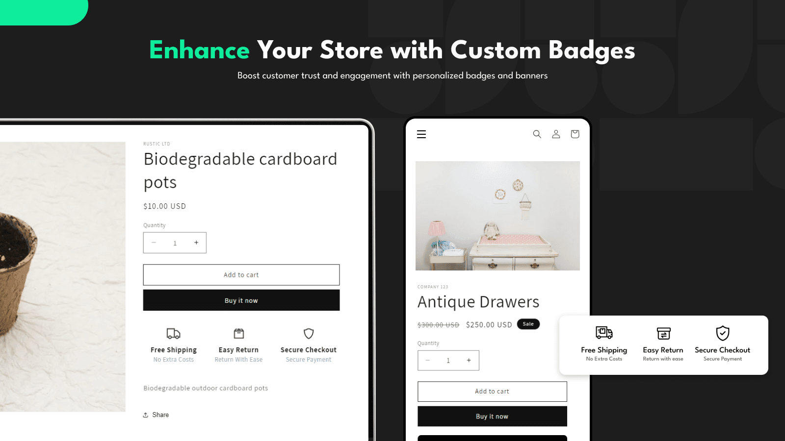 Custom badges enhance product pages and customer trust.
