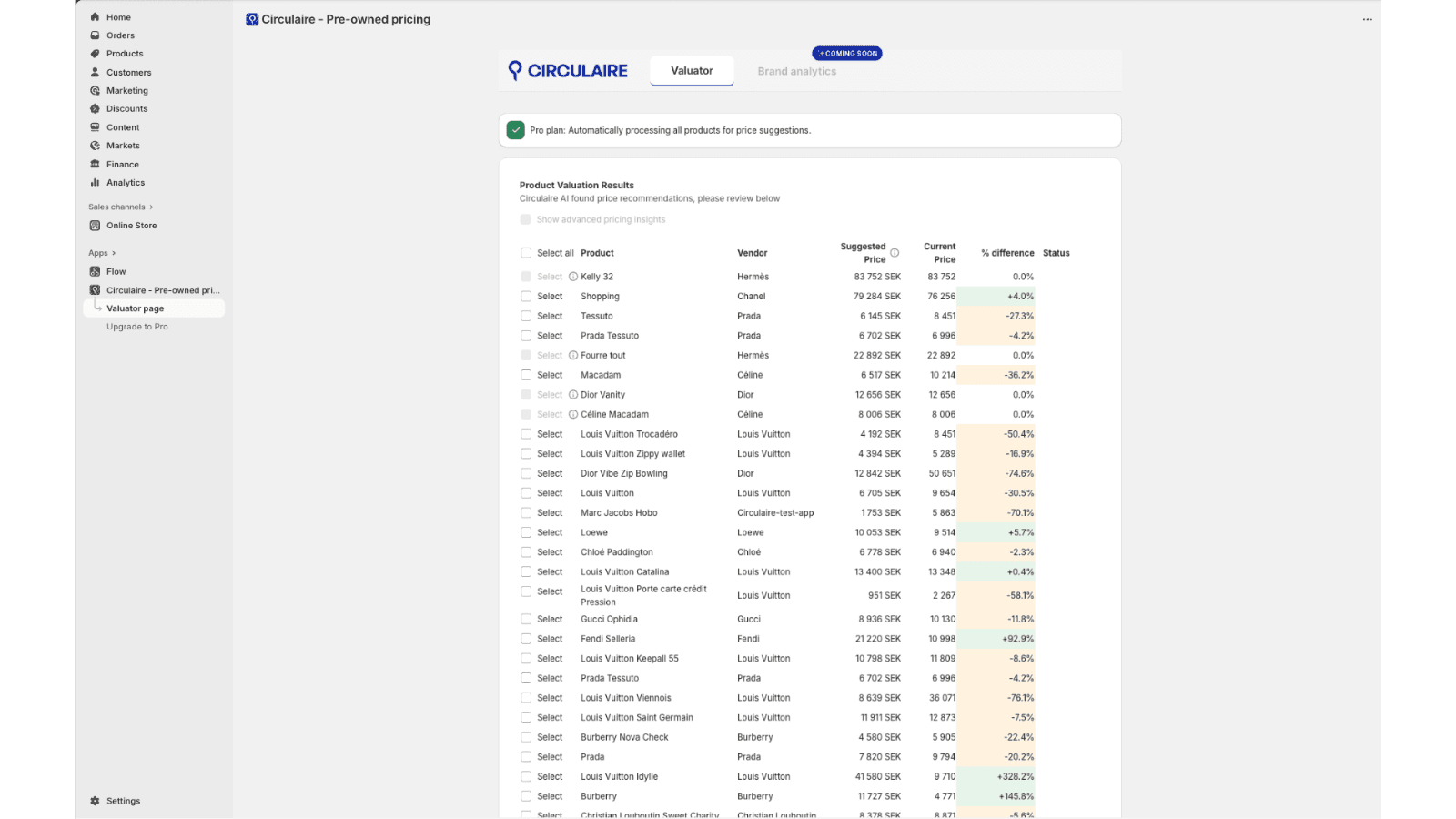 Screenshot showing Circulaire Valuator page