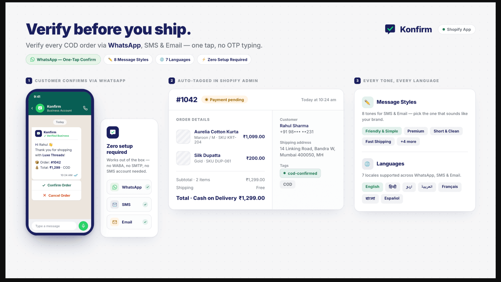 Konfirm Shopify app for WhatsApp SMS and email verification