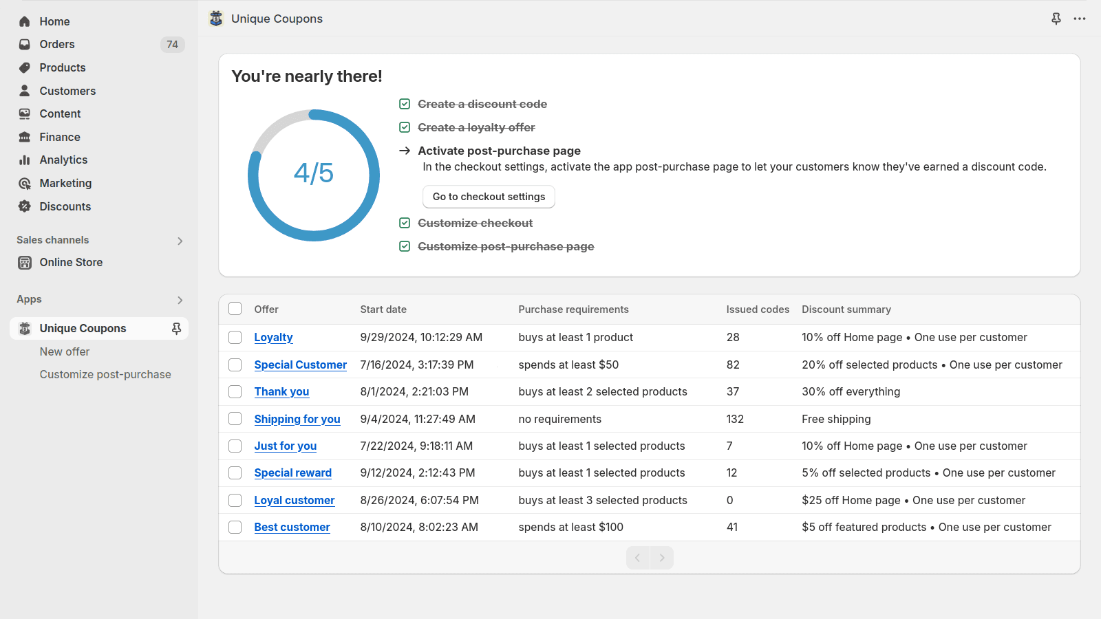 The Unique Coupons main screen lets you see all your rewards
