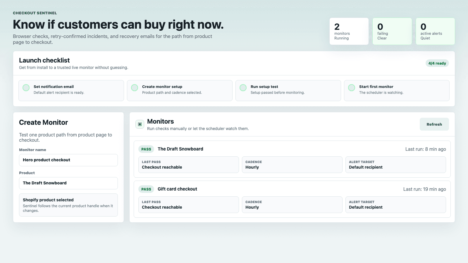 Dashboard with monitor setup and checkout status
