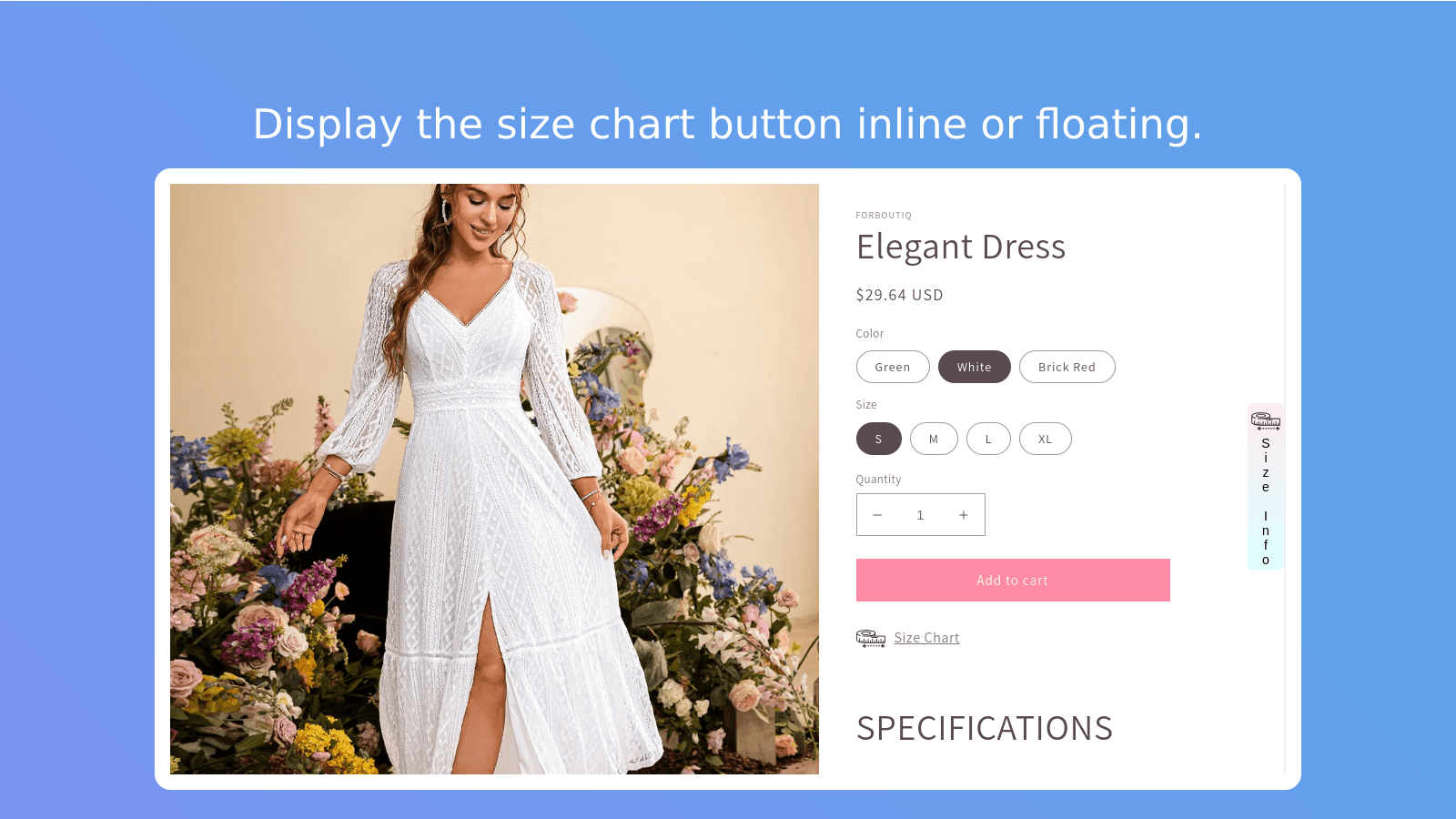 Display the size chart inline or floating