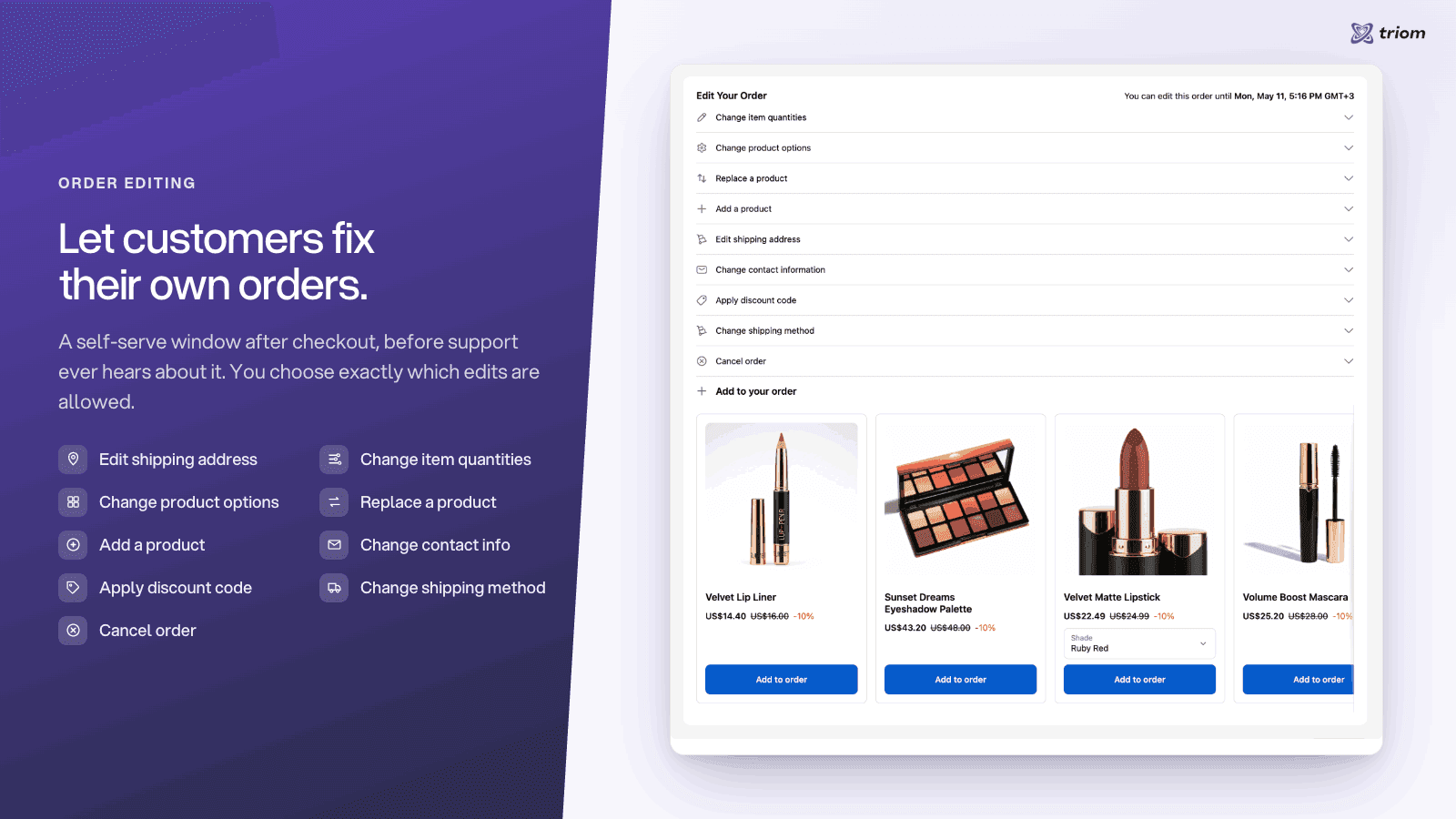 Edit Your Order page: address, quantity, variant, cancel