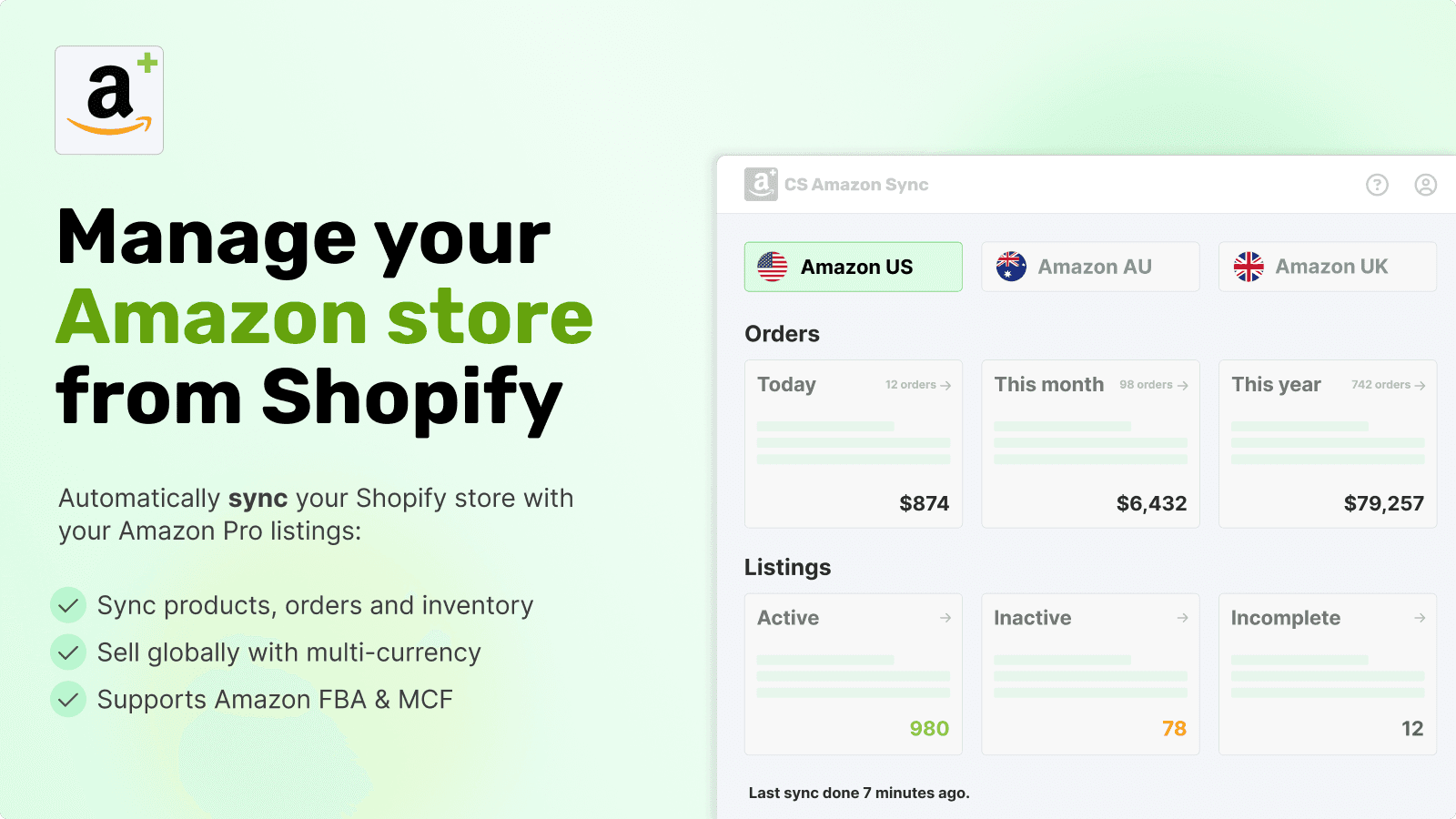 manage your Amazon store from Shopify, sync products, orders