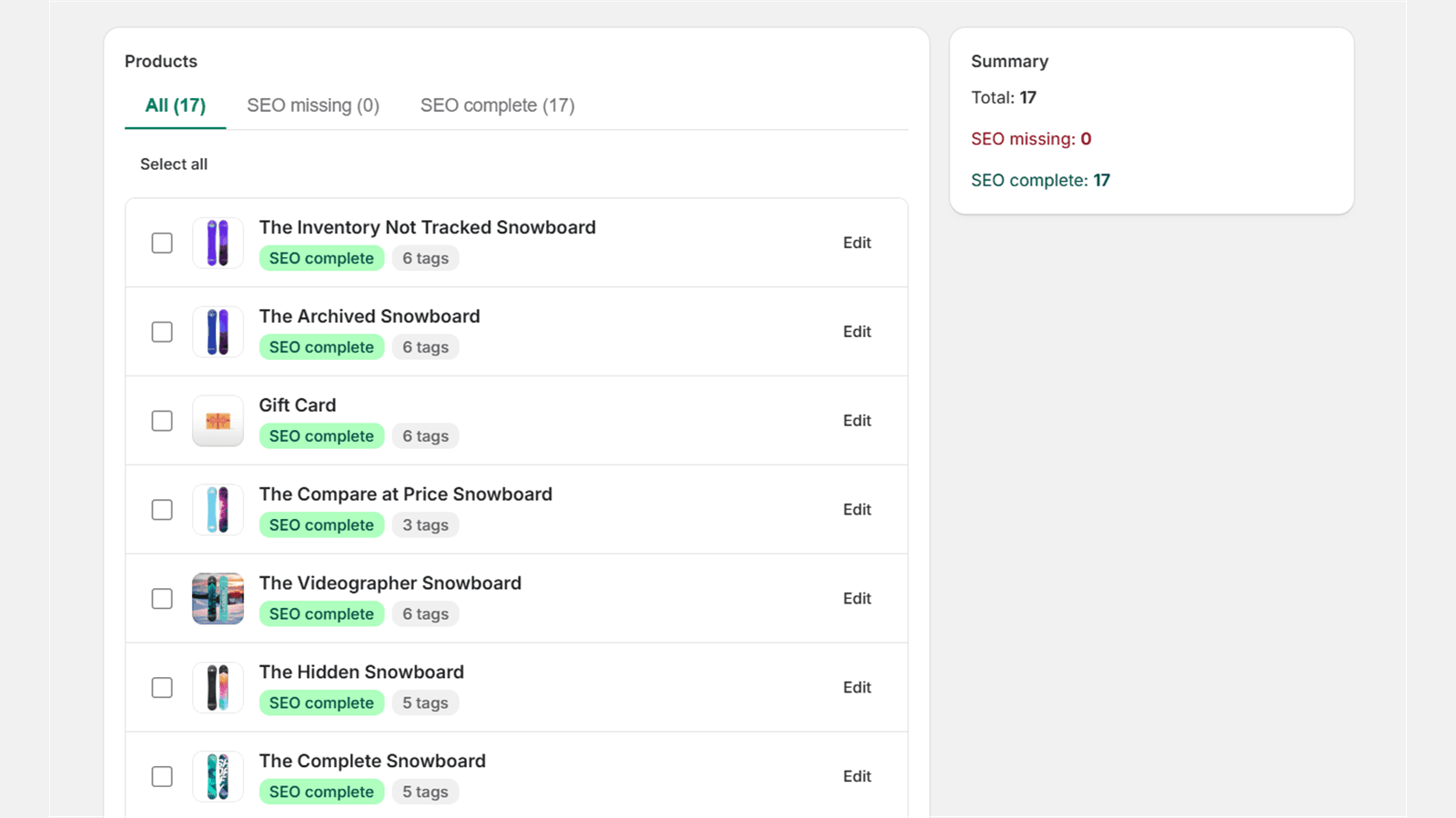 Product list showing SEO status for each product with a summary