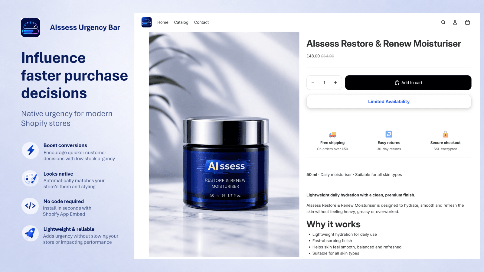 Low-stock urgency displayed naturally on a Shopify product page