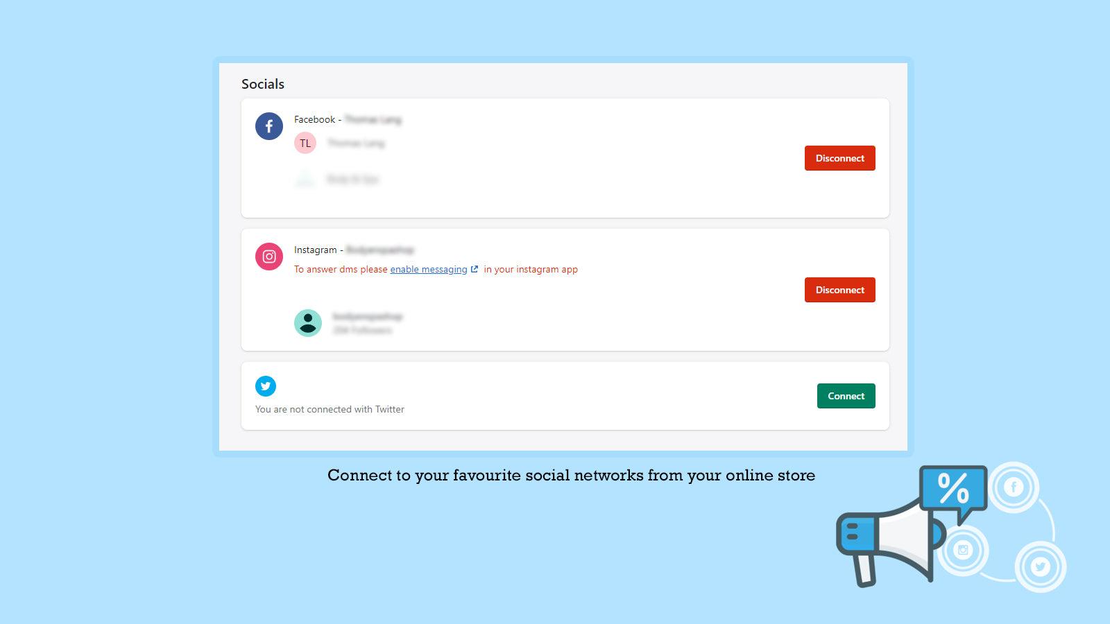 connect your social networks, facebook, instagram and twitter