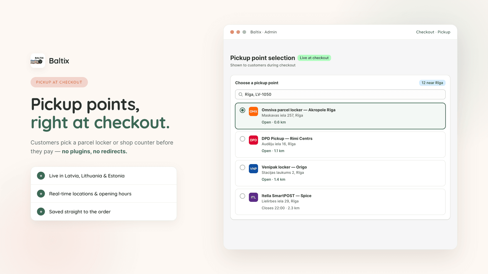 Pickup point selection shown at Shopify checkout