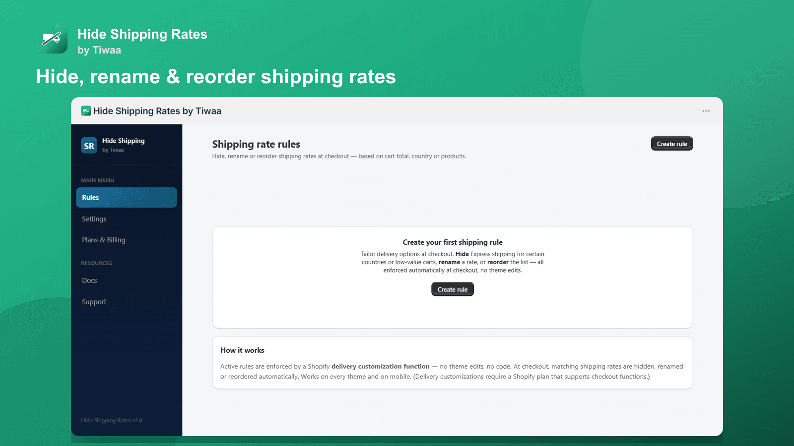 Dashboard listing shipping rate rules for checkout