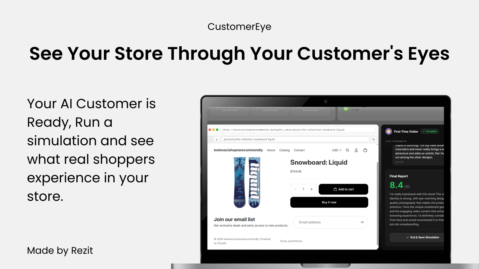 CustomerEye app showing AI customer simulation with score
