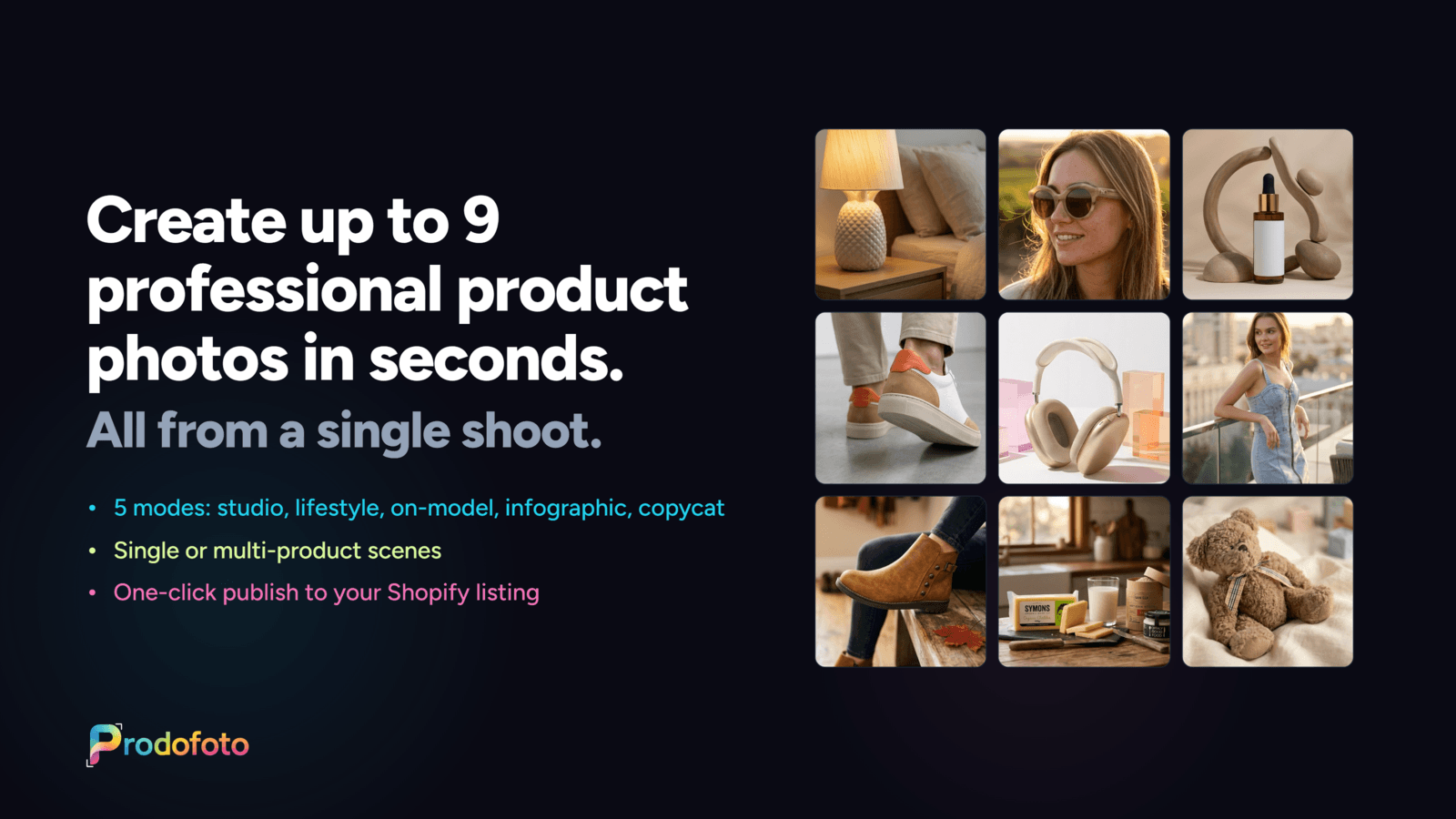 Up to 9 AI product photos from one shoot, across five modes.
