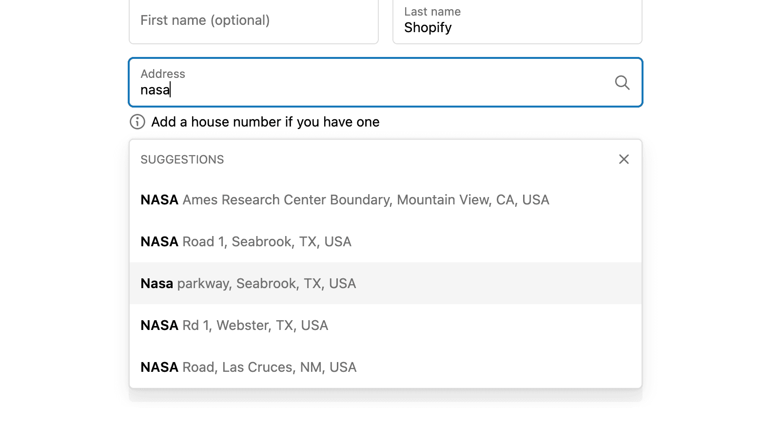 Address suggestions shown to customer