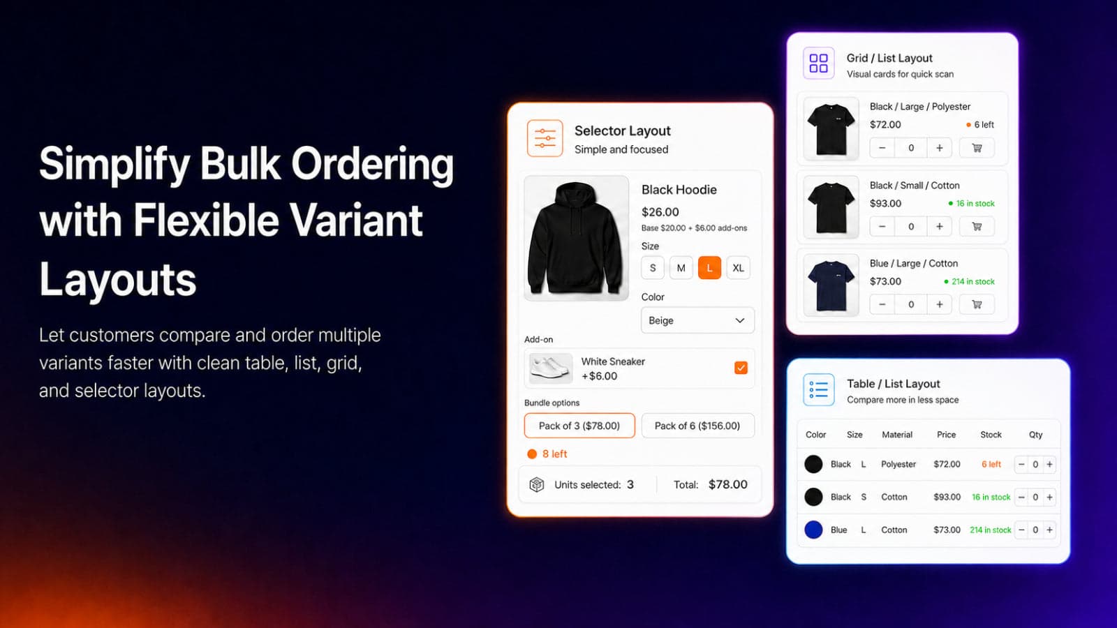 Shopify variant table, list, grid & selector display modes app