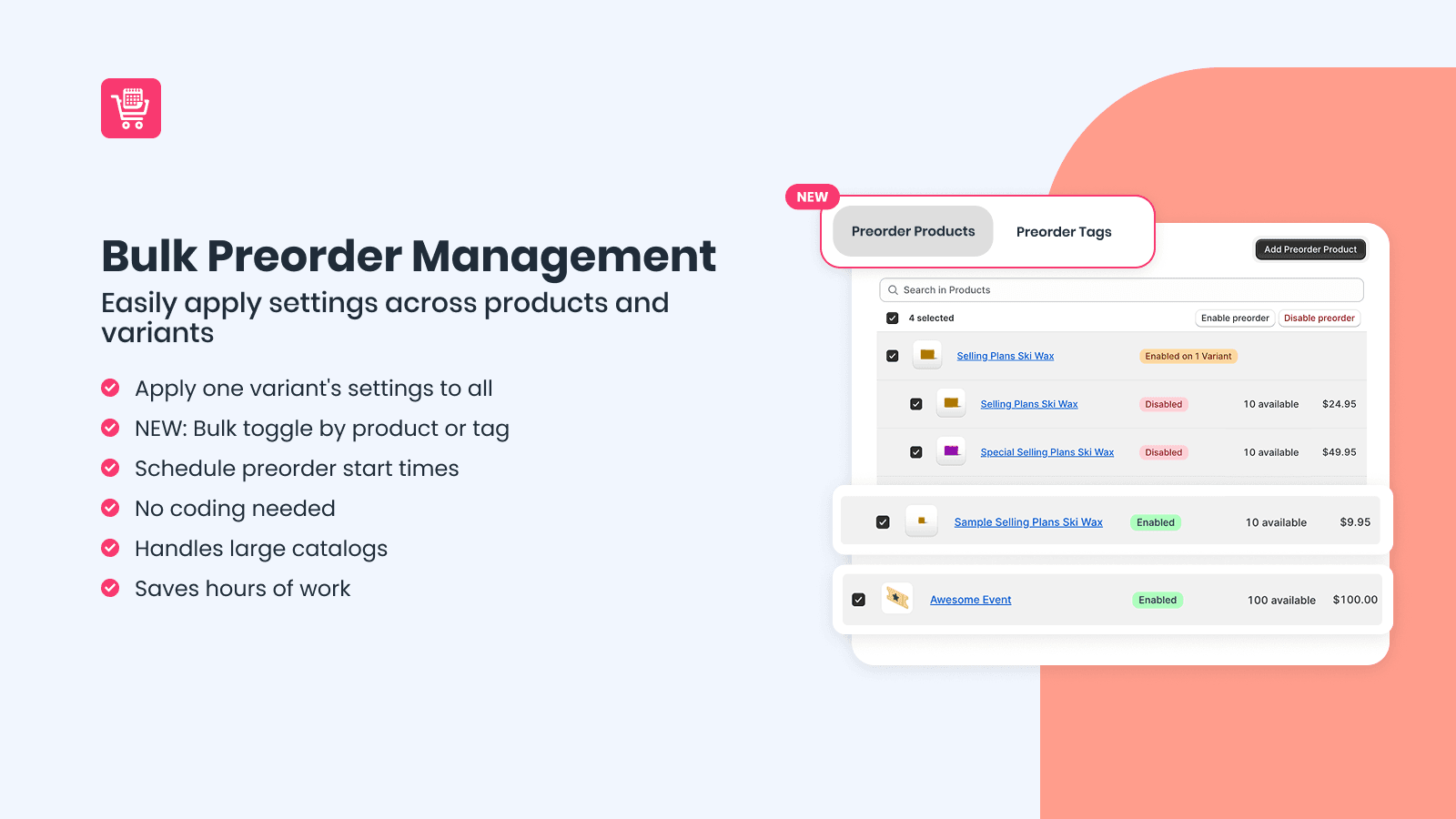Bulk preorder settings for products and variants in PreOder Now