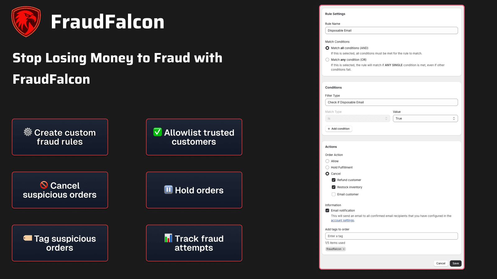 Featured image showing FraudFalcon's main features and rules