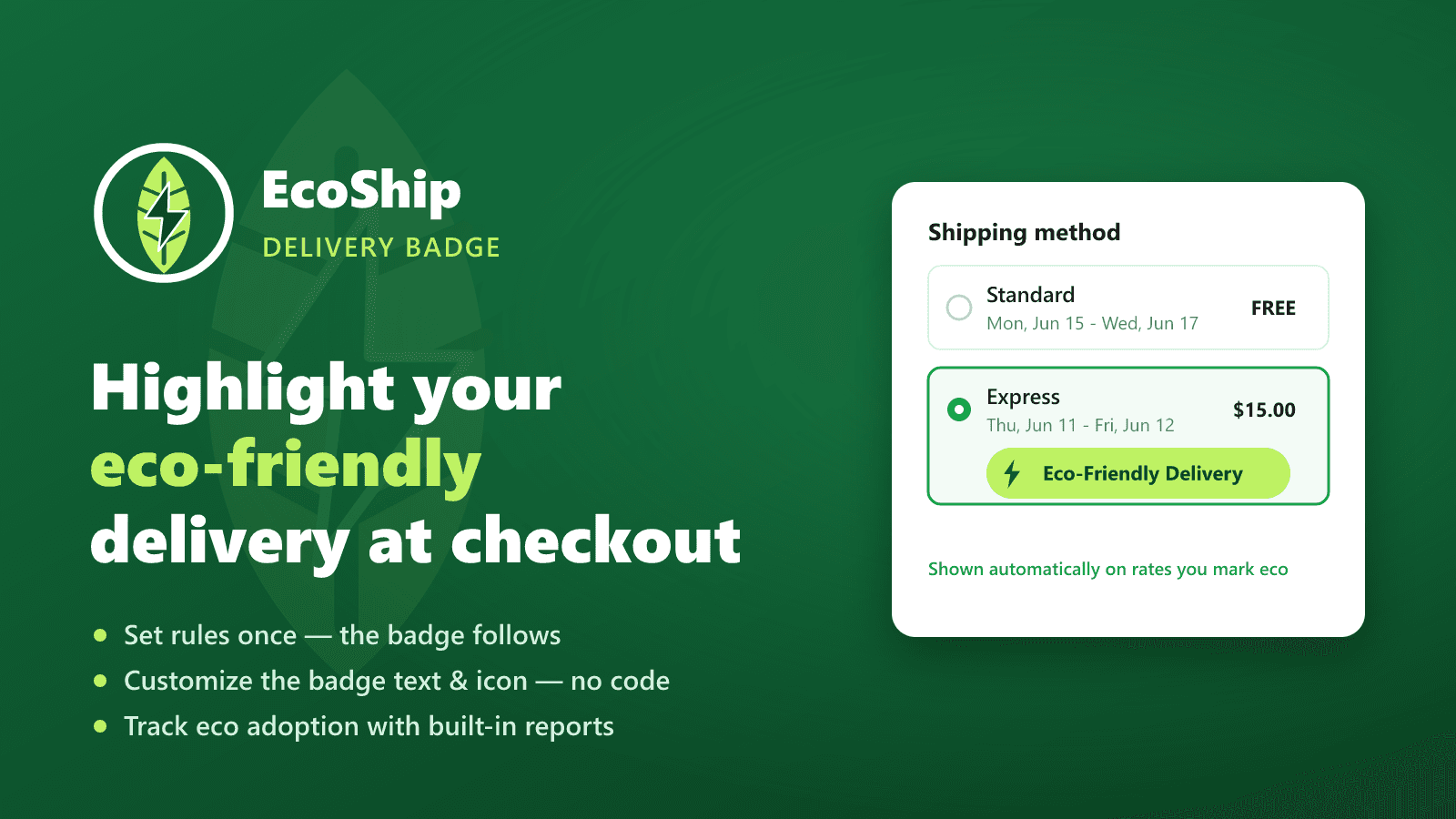 badge at checkout, rules, customization, reports, CSV export