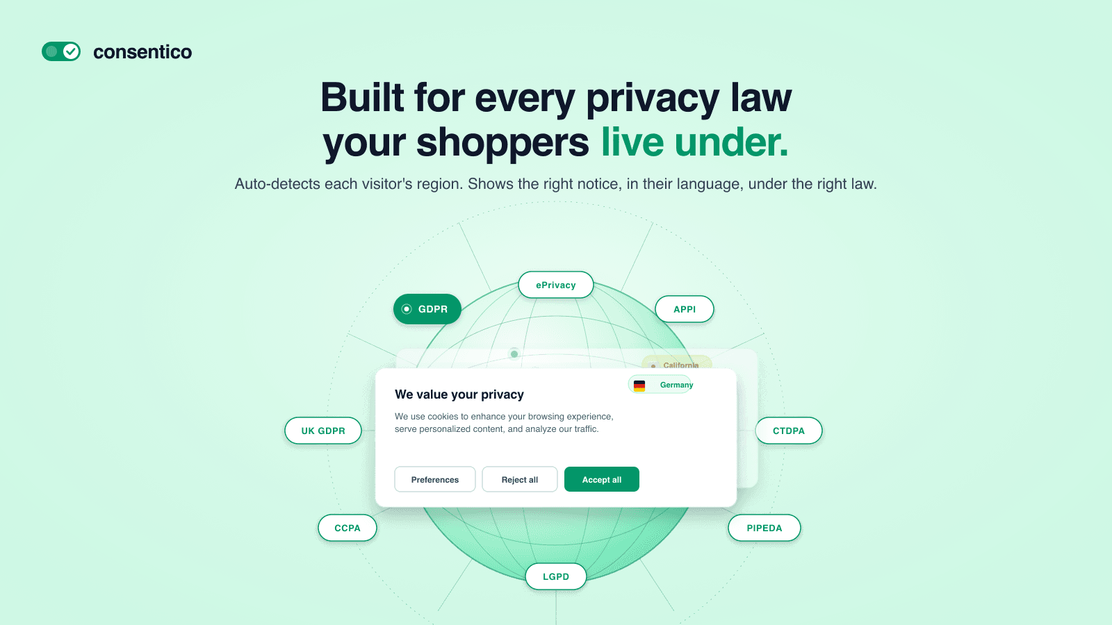 Cookie consent banner adapts to each shopper's region and law