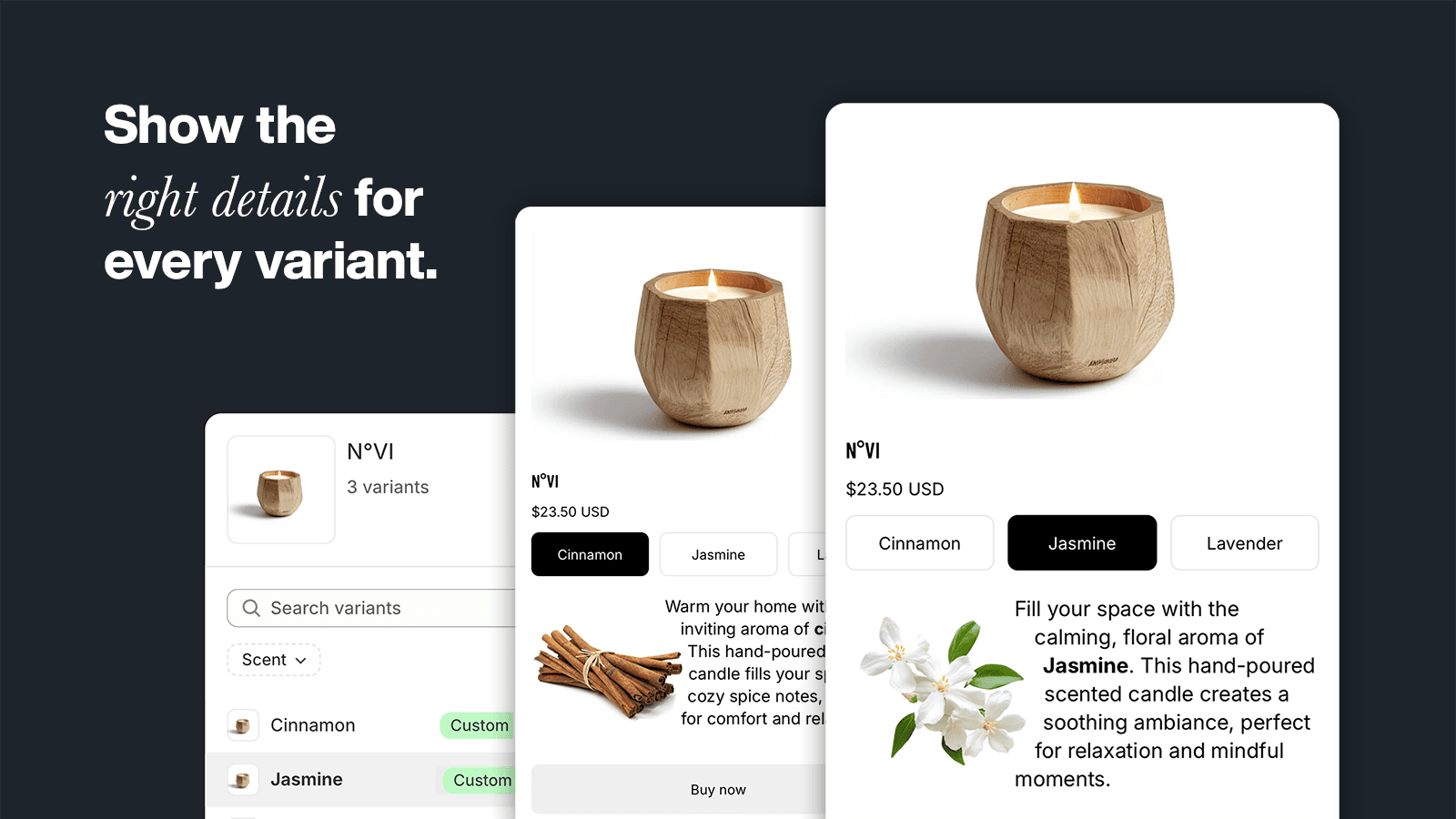 Product page mockup showing different variant selections
