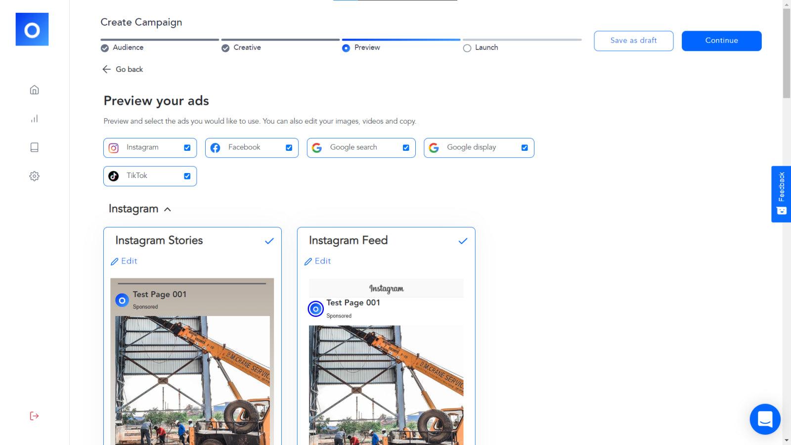 Publish ad Campaigns on Facebook, Instagram, Tiktok, and Google